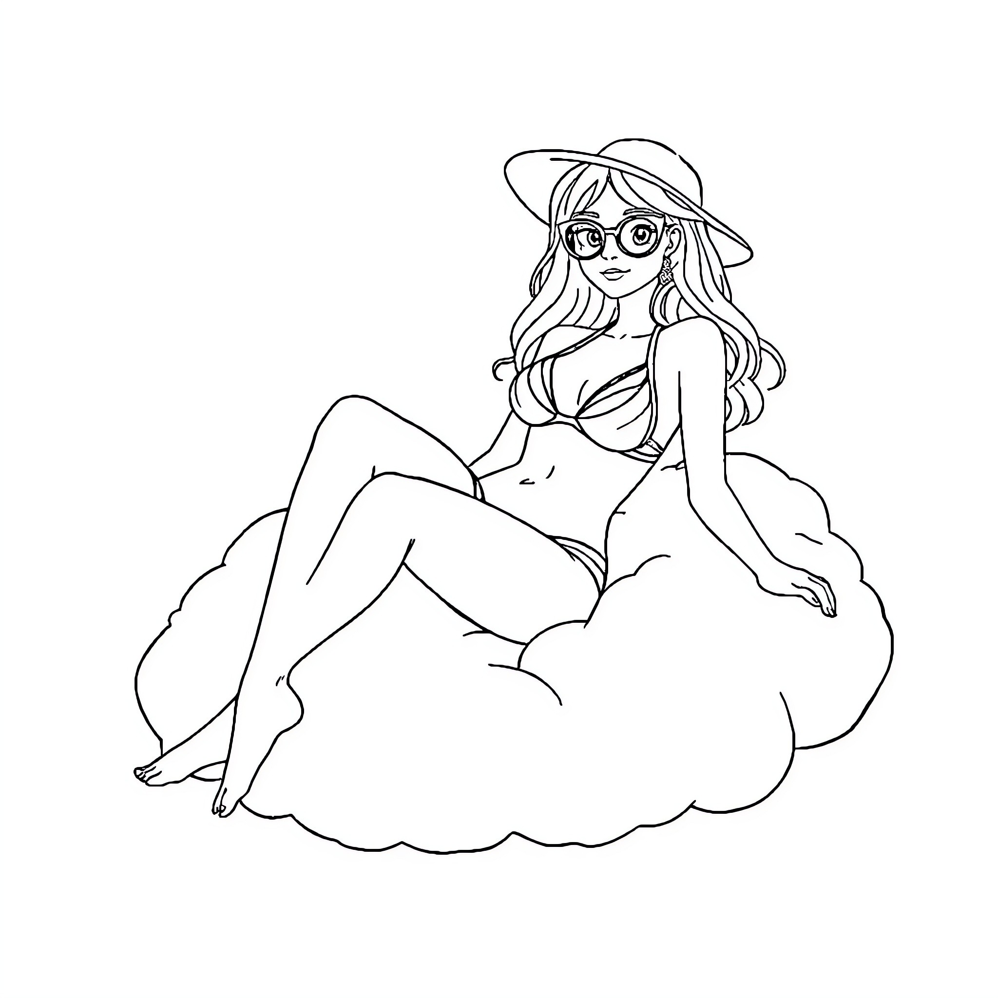 Bikini Girl Relaxing on Fluffy Cloud Coloring Page (free black-and-white line drawing printable PDF for all, from beginners to advanced learners, including children, teens, adults, and seniors)