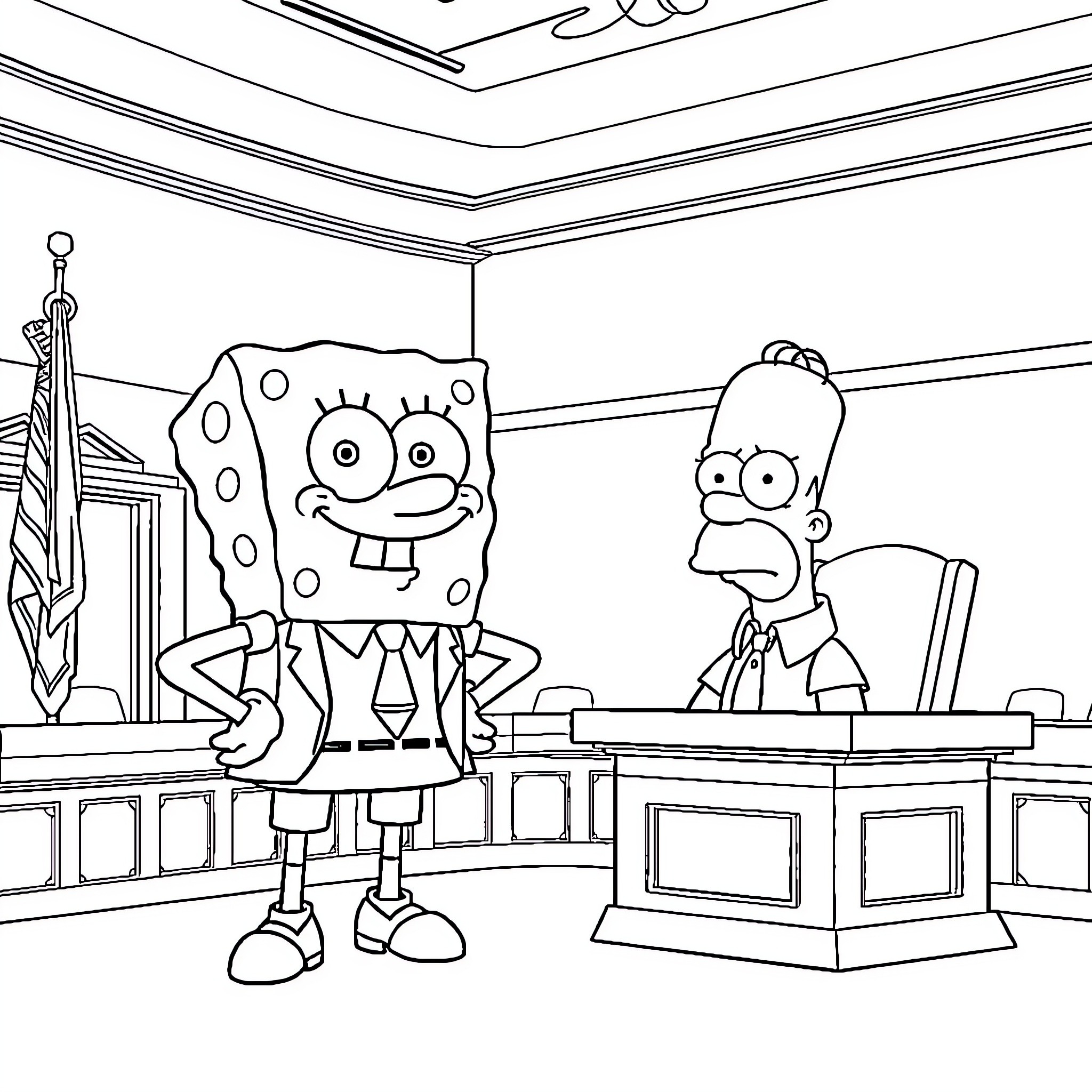 Spongebob and Homer Simpson in a courtroom Coloring Page (free black-and-white line drawing printable PDF for all, from beginners to advanced learners, including children, teens, adults, and seniors)