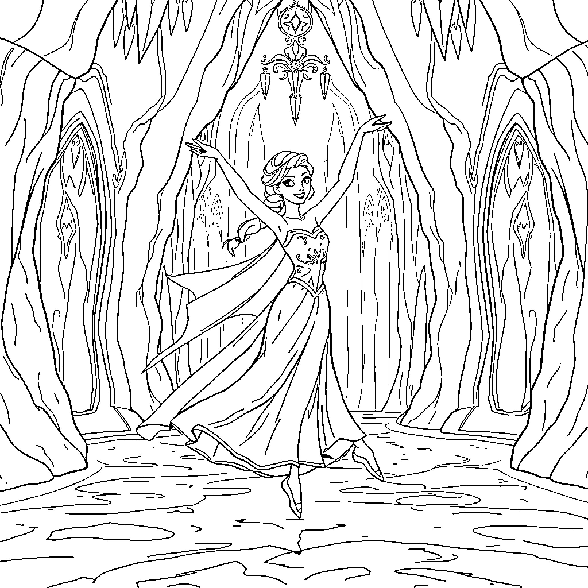 Elsa's Magical Dance in an Icy Wonderland Coloring Page (free black-and-white line drawing printable PDF for all, from beginners to advanced learners, including children, teens, adults, and seniors)
