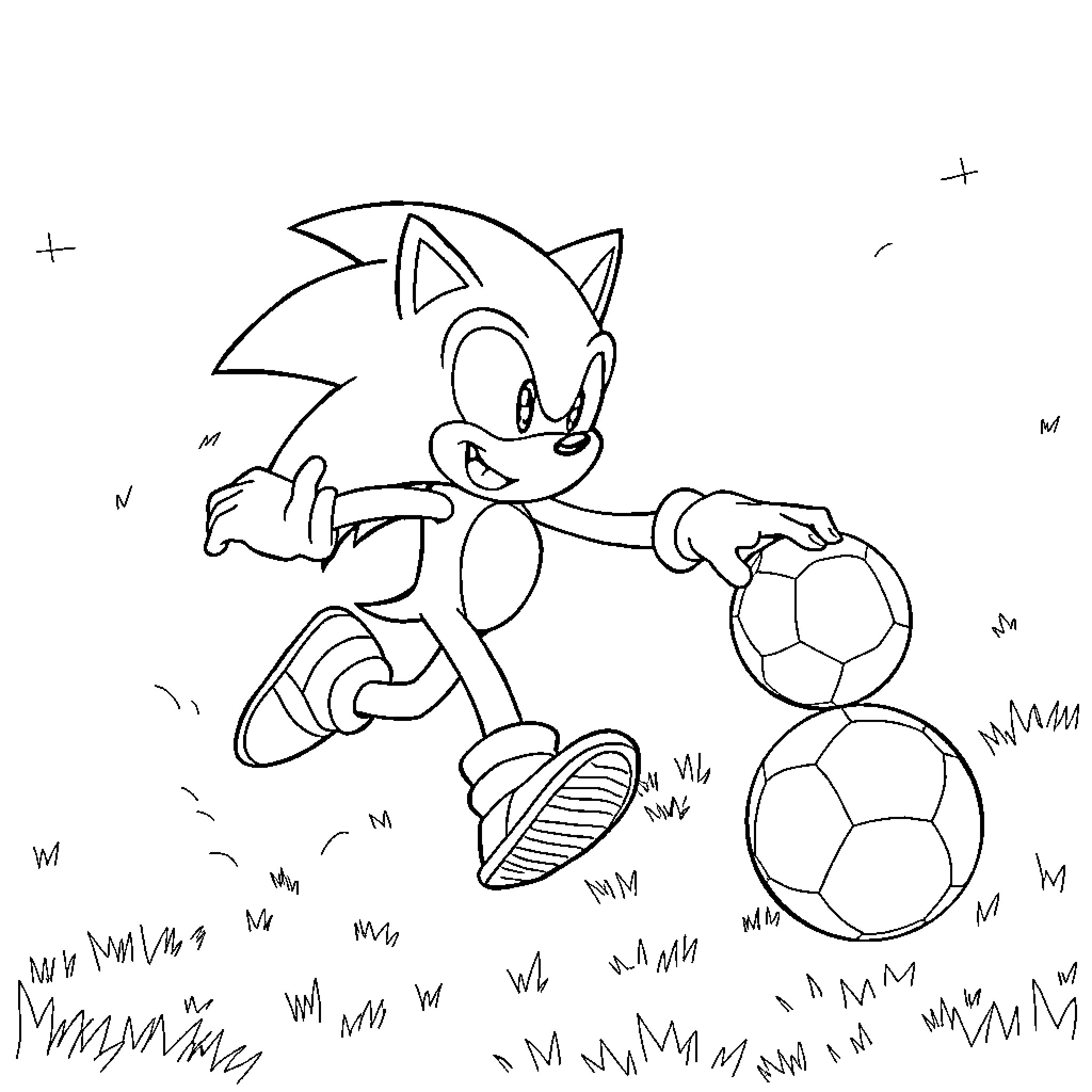 Sonic playing with soccer balls in the field Coloring Page (free black-and-white line drawing printable PDF for all, from beginners to advanced learners, including children, teens, adults, and seniors)