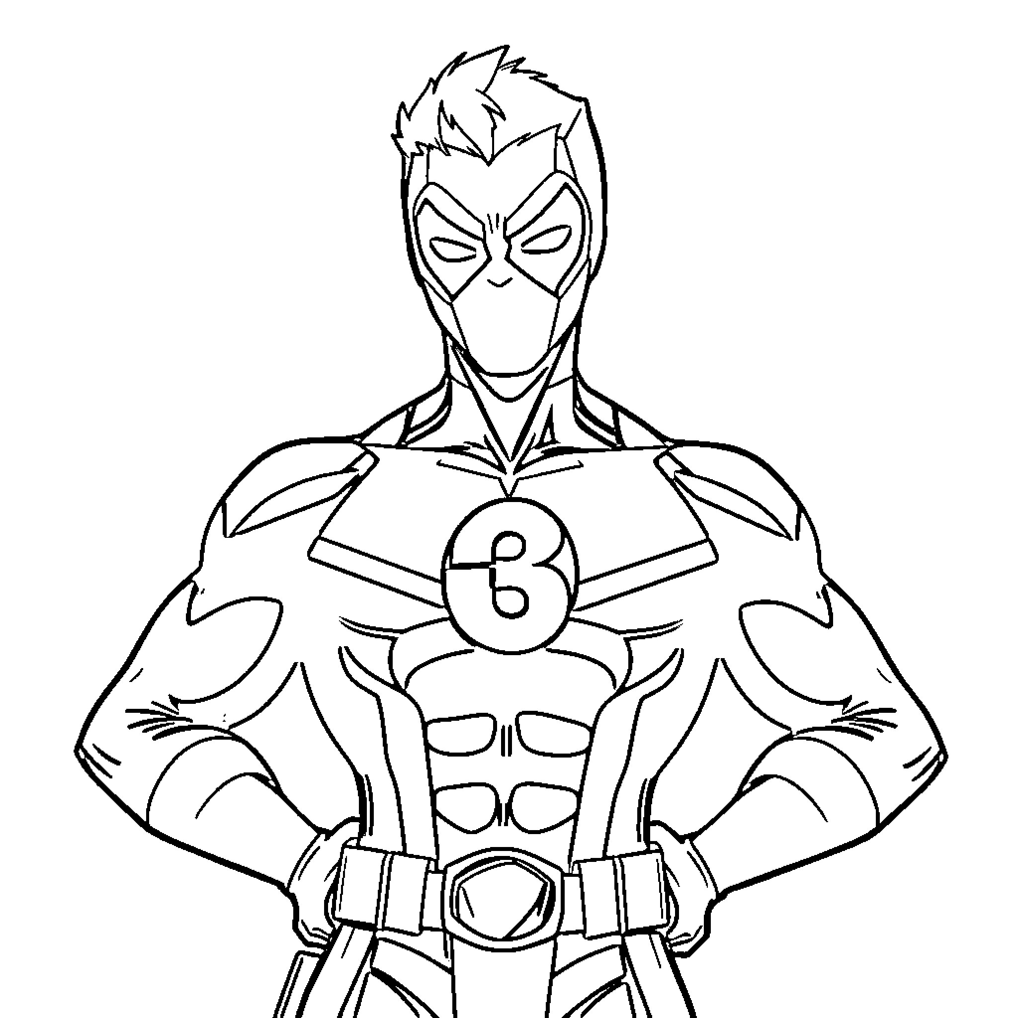 Miles Morales in heroic superhero pose Coloring Page (free black-and-white line drawing printable PDF for all, from beginners to advanced learners, including children, teens, adults, and seniors)