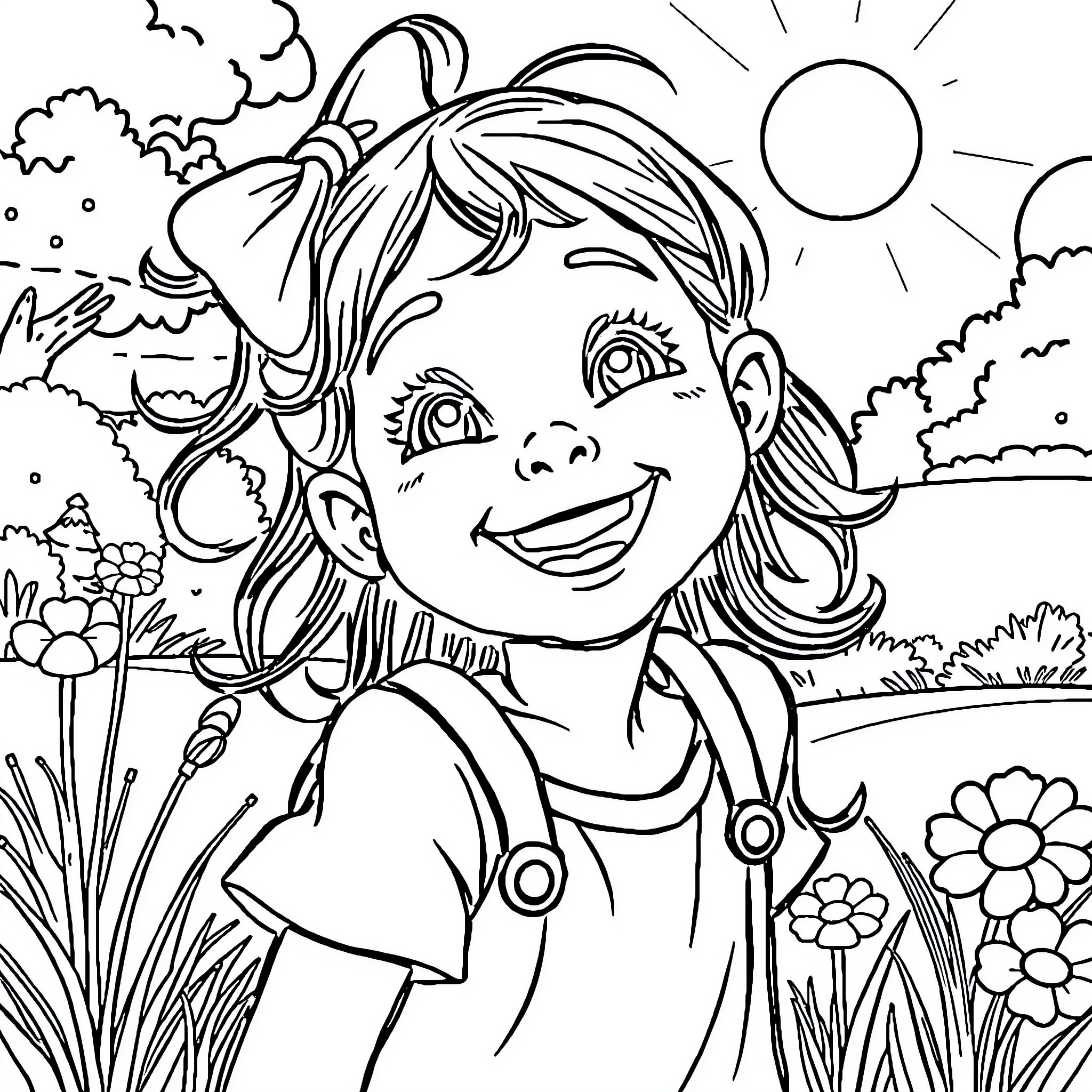 Girl enjoying a sunny day in the garden Coloring Page (free black-and-white line drawing printable PDF for all, from beginners to advanced learners, including children, teens, adults, and seniors)
