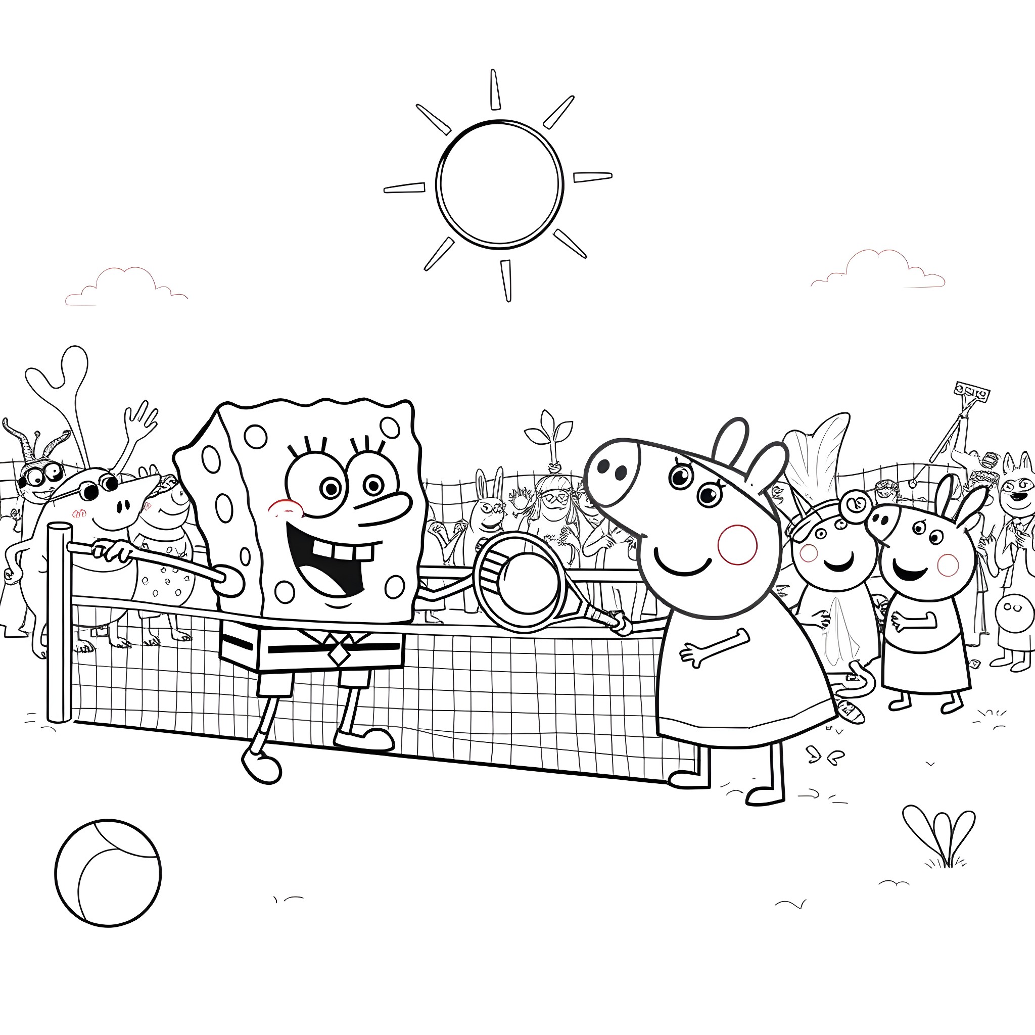 Spongebob and friends enjoying a summer day Coloring Page (free black-and-white line drawing printable PDF for all, from beginners to advanced learners, including children, teens, adults, and seniors)