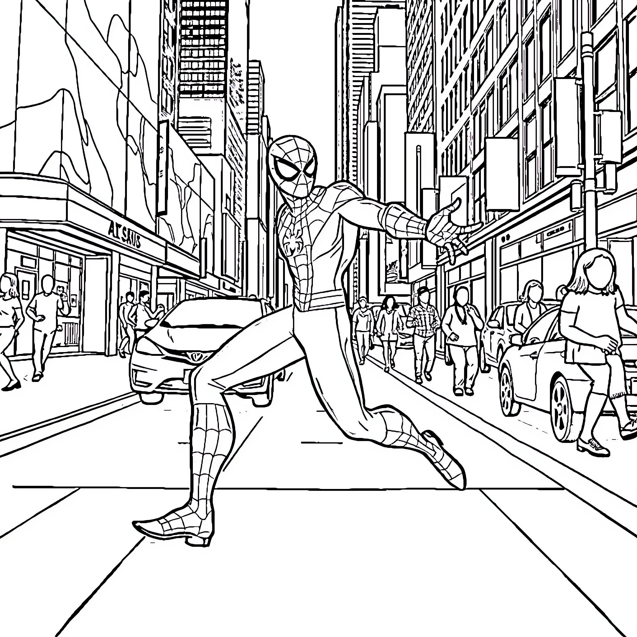 Spider-Man swinging through the city streets Coloring Page (free black-and-white line drawing printable PDF for all, from beginners to advanced learners, including children, teens, adults, and seniors)
