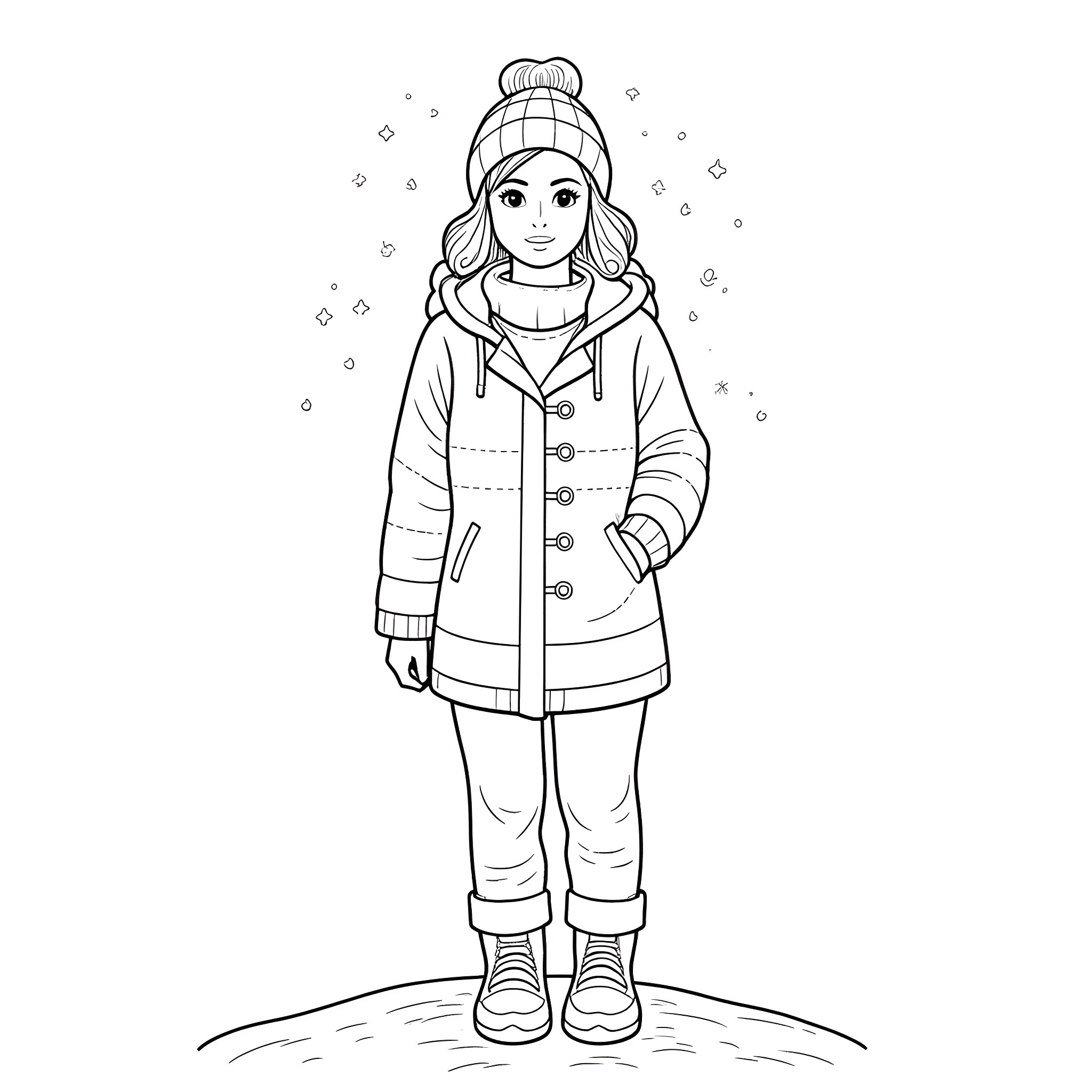 Woman in warm winter outfit standing in snow Coloring Page (free black-and-white line drawing printable PDF for all, from beginners to advanced learners, including children, teens, adults, and seniors)