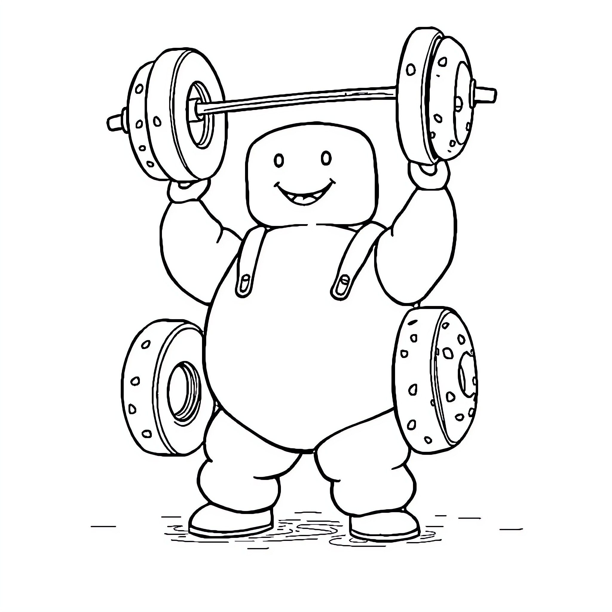Marshmallow Man lifting heavy weights happily Coloring Page (free black-and-white line drawing printable PDF for all, from beginners to advanced learners, including children, teens, adults, and seniors)