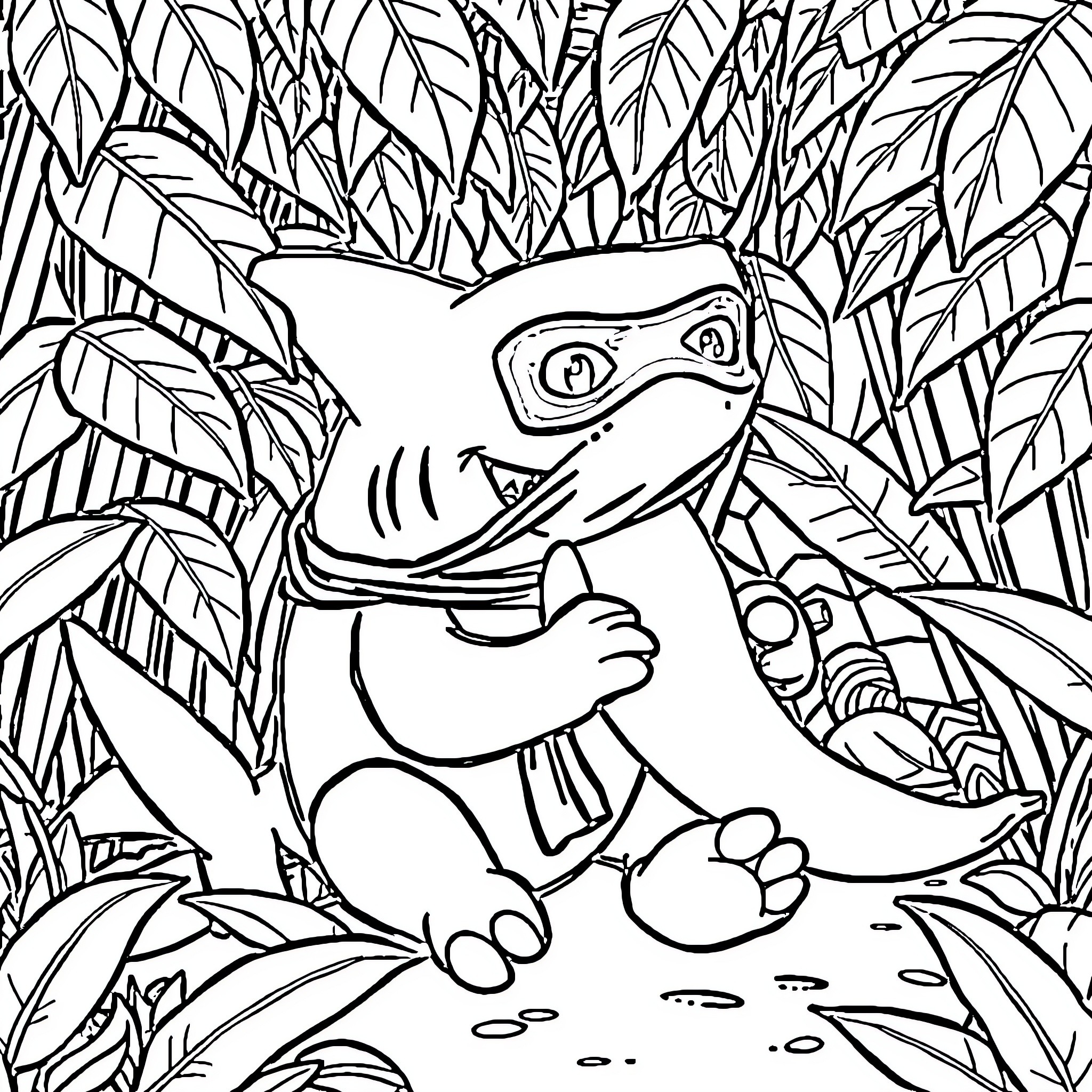 Shark exploring the jungle Coloring Page (free black-and-white line drawing printable PDF for all, from beginners to advanced learners, including children, teens, adults, and seniors)