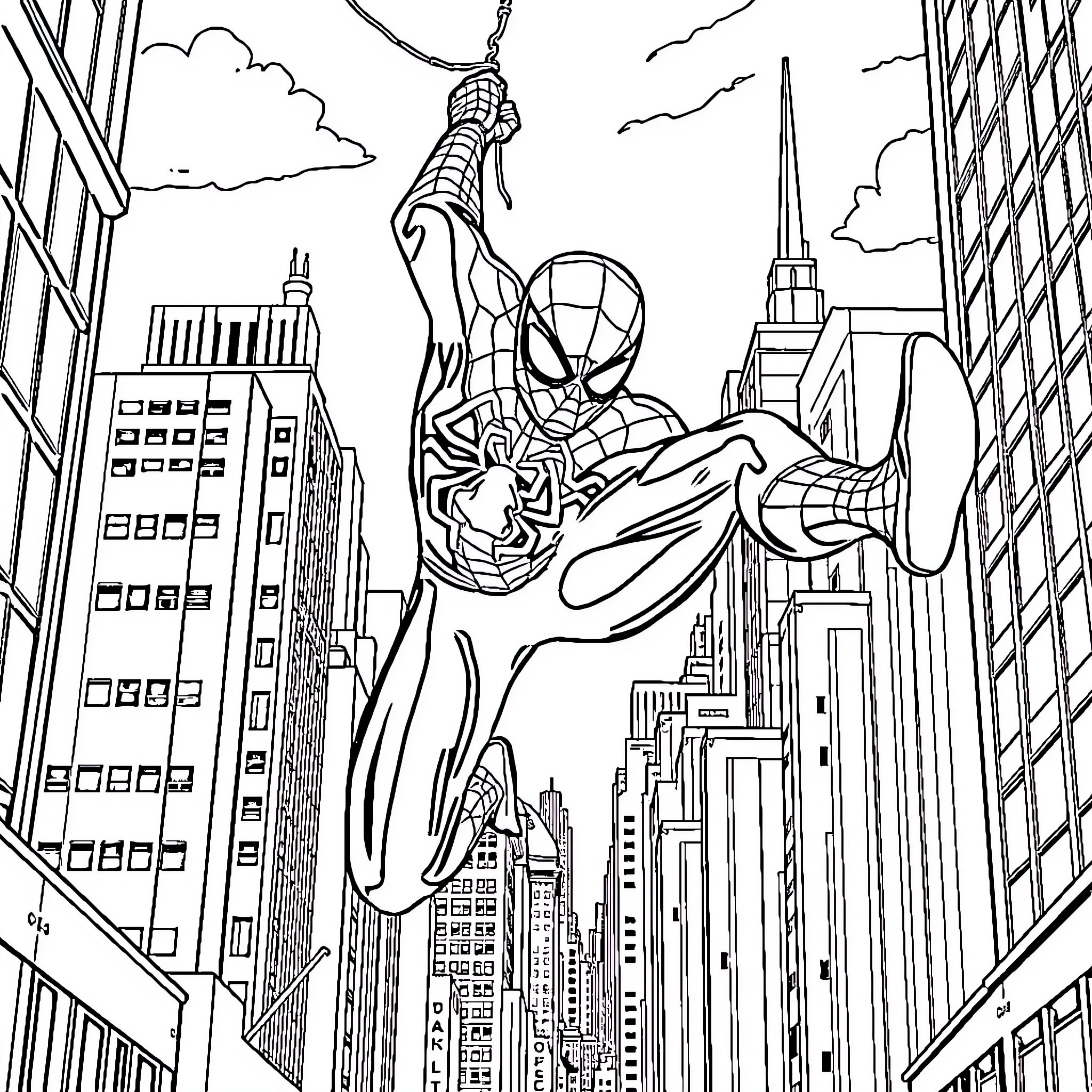 Spiderman swinging through the cityscape Coloring Page (free black-and-white line drawing printable PDF for all, from beginners to advanced learners, including children, teens, adults, and seniors)
