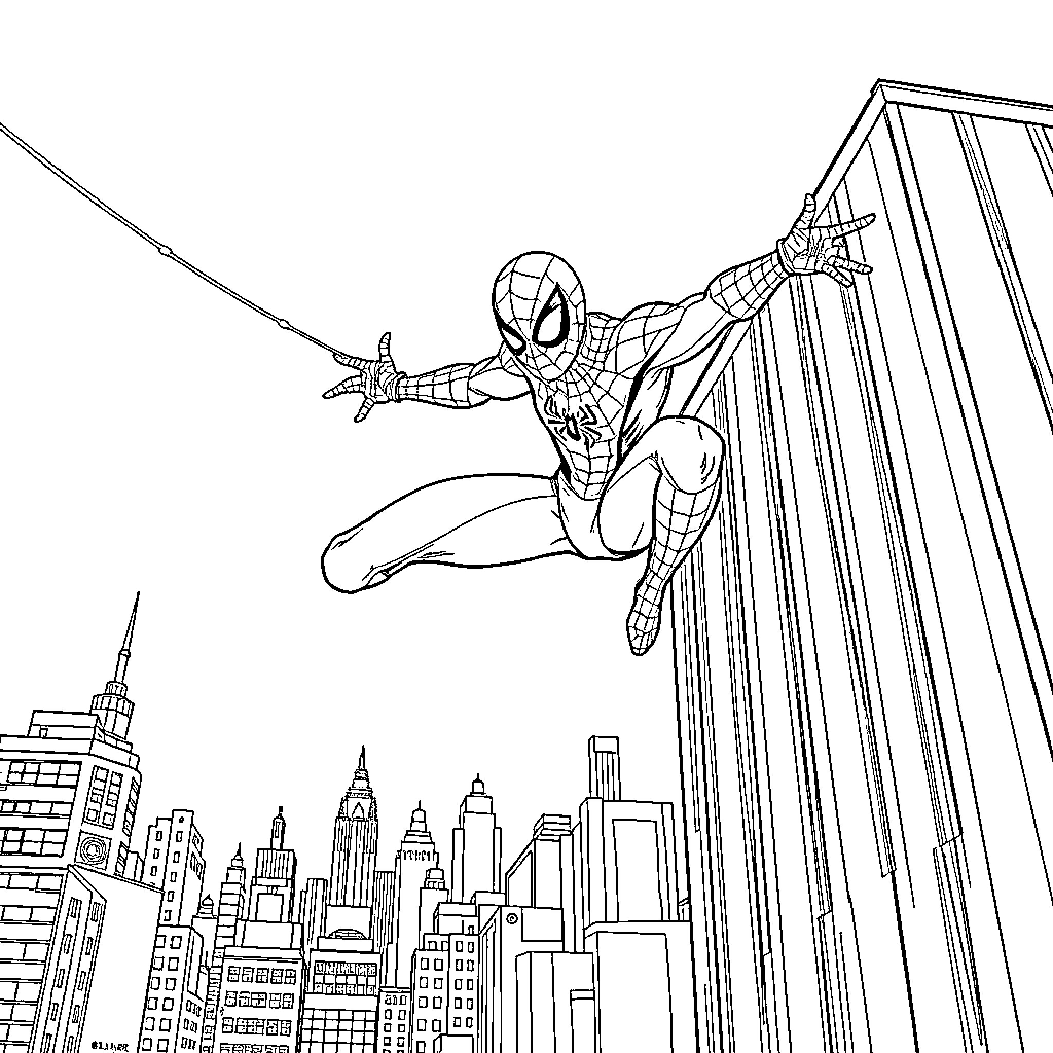 Spiderman swinging through the city skyline Coloring Page (free black-and-white line drawing printable PDF for all, from beginners to advanced learners, including children, teens, adults, and seniors)