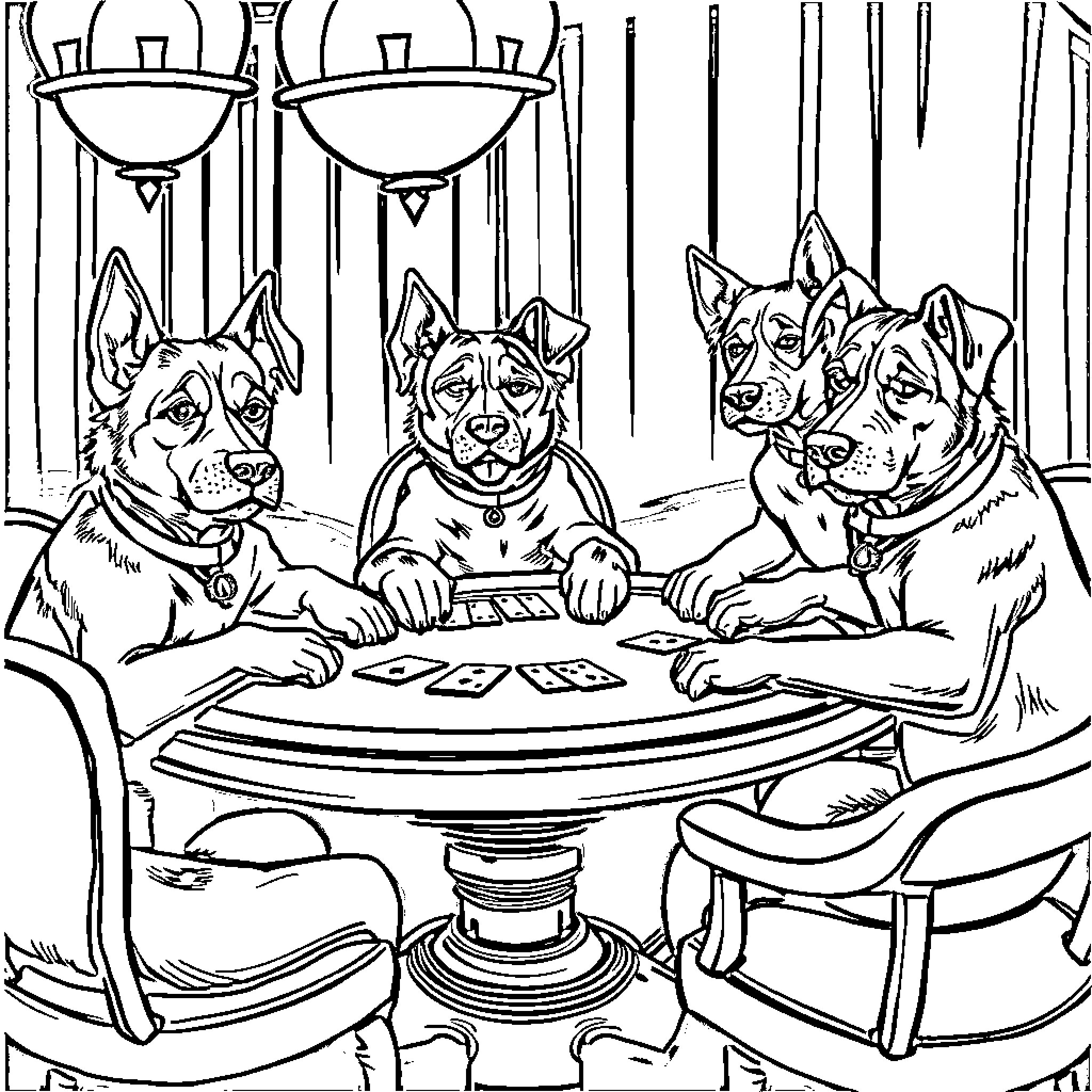 Dog friends playing cards in the casino Coloring Page (free black-and-white line drawing printable PDF for all, from beginners to advanced learners, including children, teens, adults, and seniors)