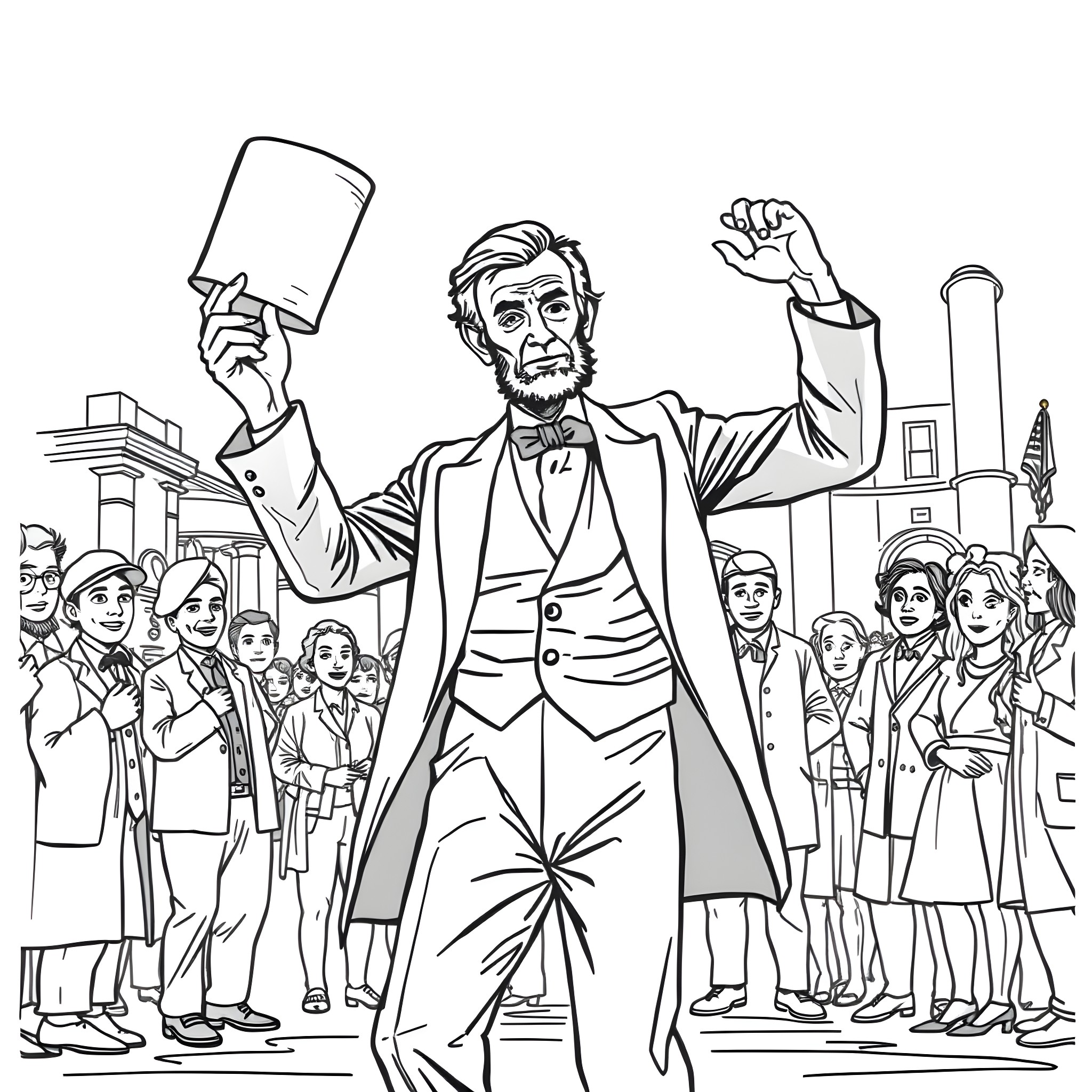 Abraham Lincoln addressing a crowd with enthusiasm Coloring Page (free black-and-white line drawing printable PDF for all, from beginners to advanced learners, including children, teens, adults, and seniors)