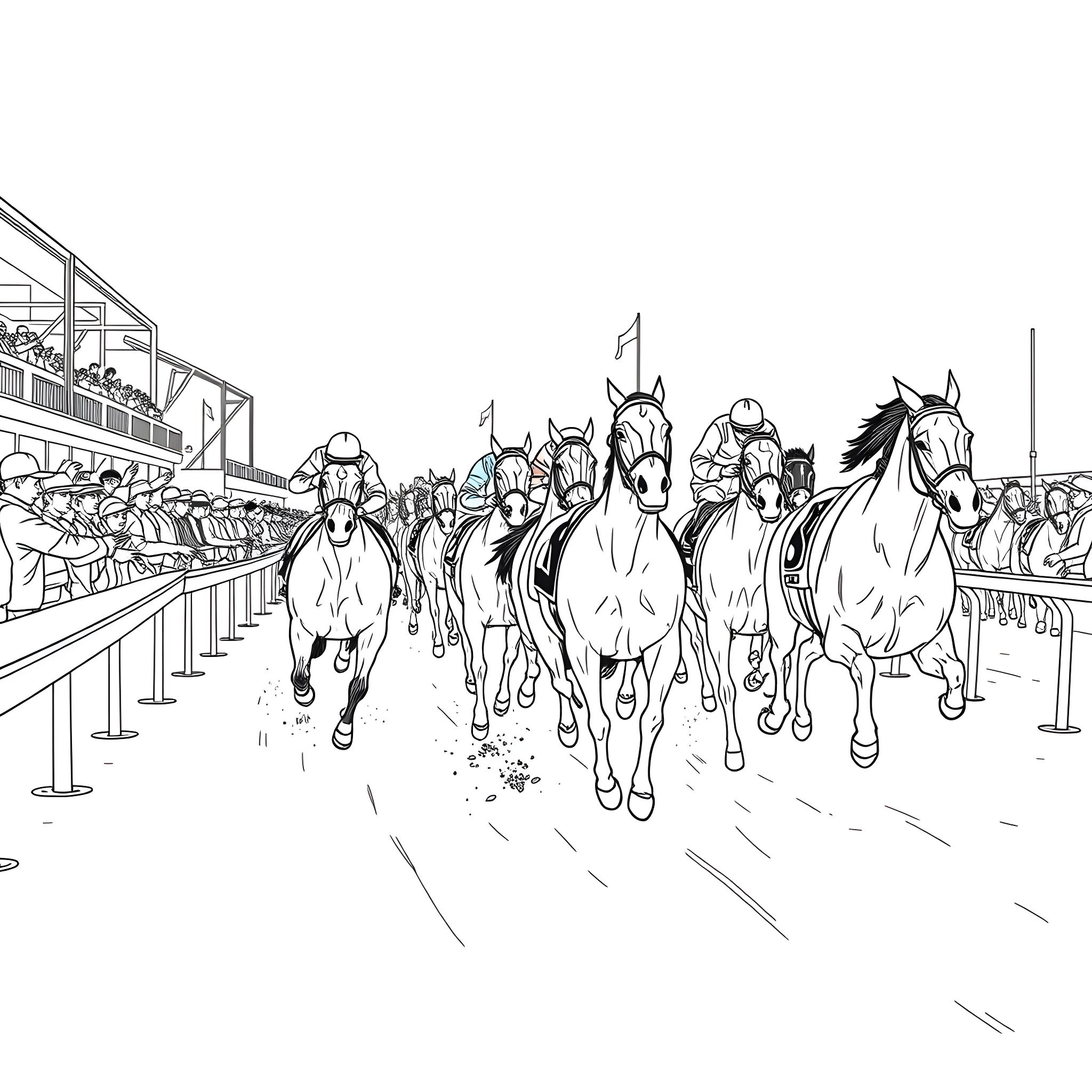 Horse Racing: Galloping Horses in Action at the Track Coloring Page (free black-and-white line drawing printable PDF for all, from beginners to advanced learners, including children, teens, adults, and seniors)