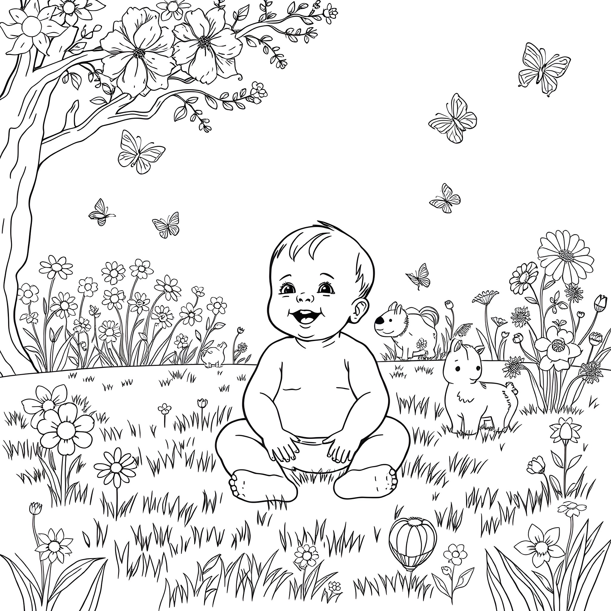Baby playing happily in a floral garden Coloring Page (free black-and-white line drawing printable PDF for all, from beginners to advanced learners, including children, teens, adults, and seniors)