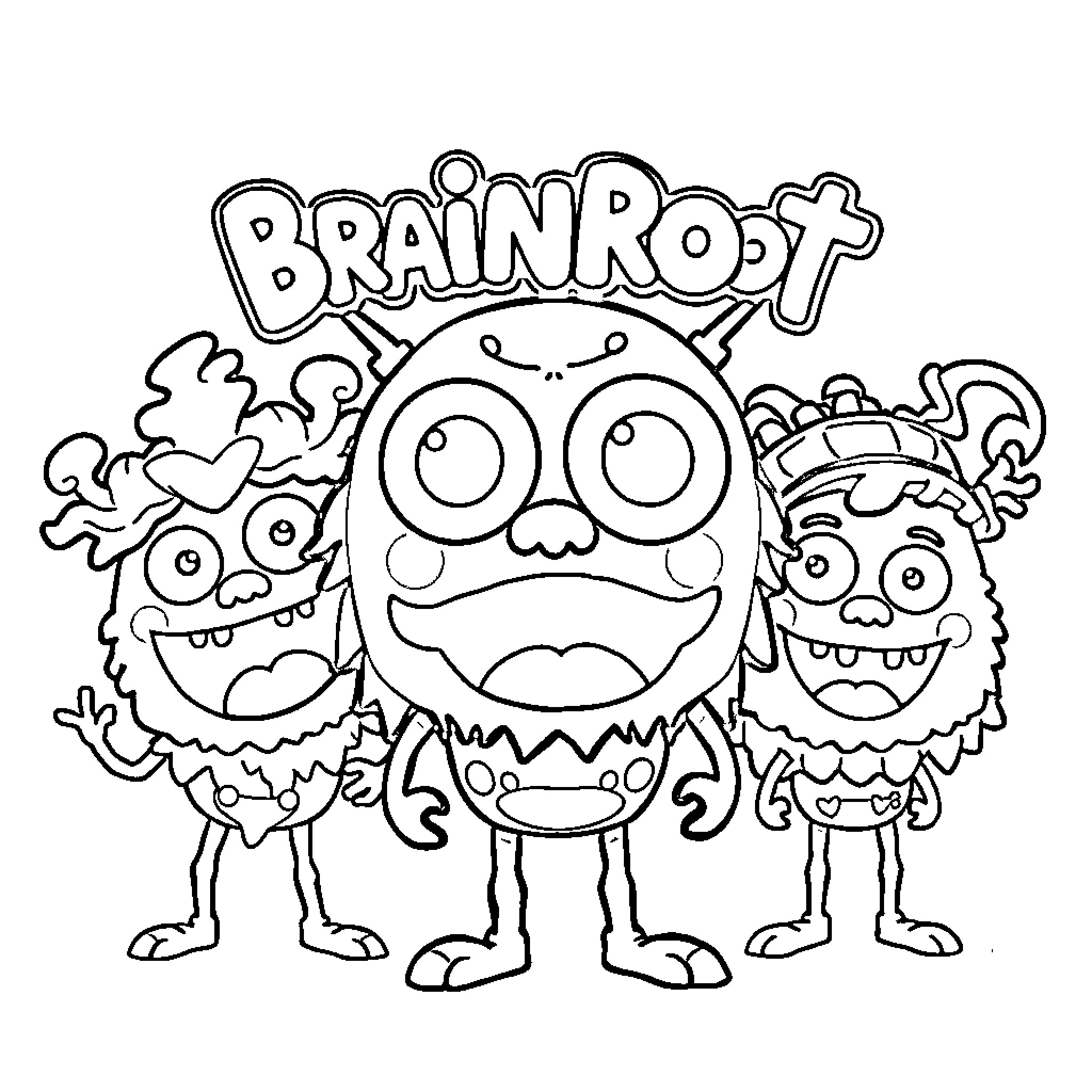 Brainrot: Whimsical monsters in a quirky scene Coloring Page (free black-and-white line drawing printable PDF for all, from beginners to advanced learners, including children, teens, adults, and seniors)