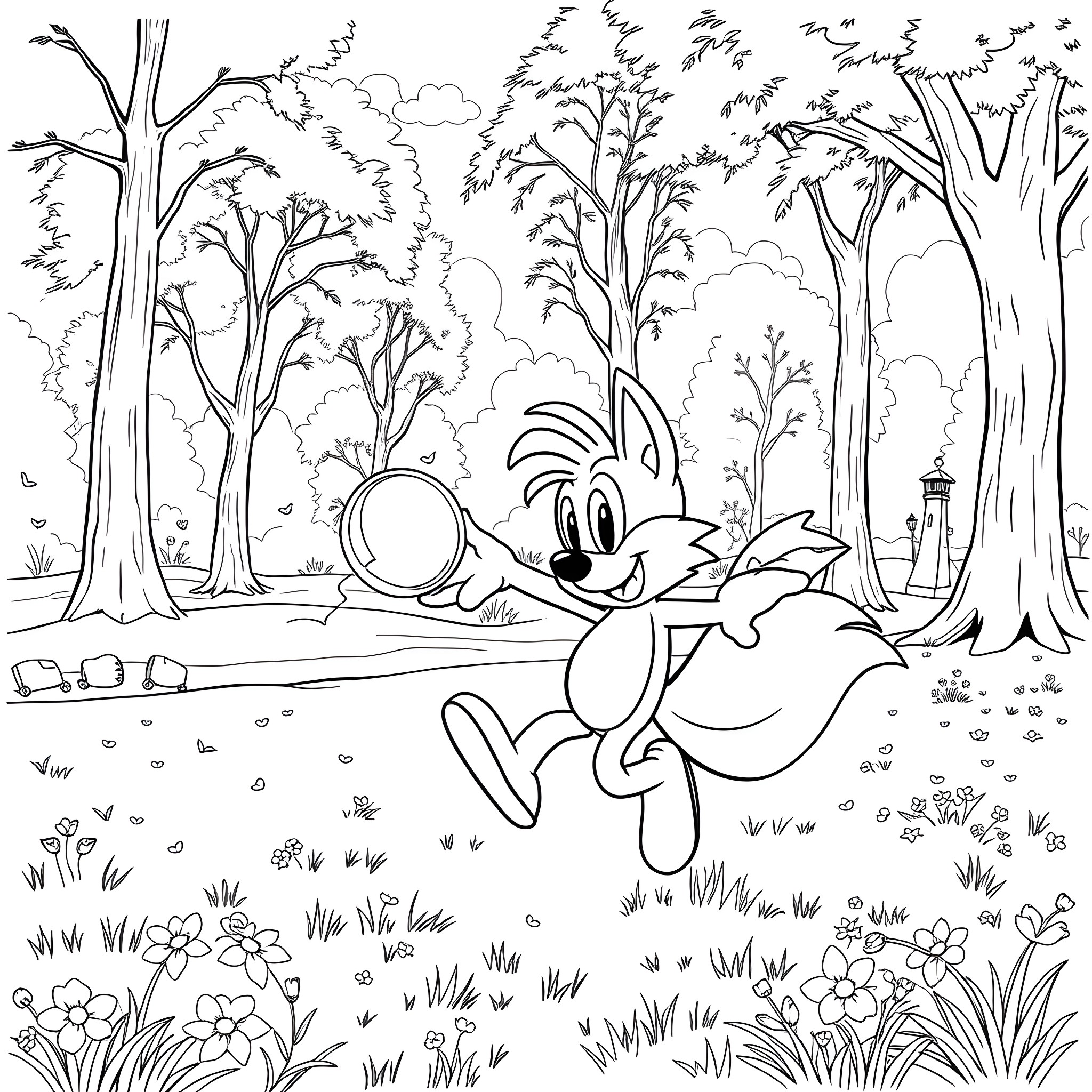 Tails explores the whimsical forest Coloring Page (free black-and-white line drawing printable PDF for all, from beginners to advanced learners, including children, teens, adults, and seniors)