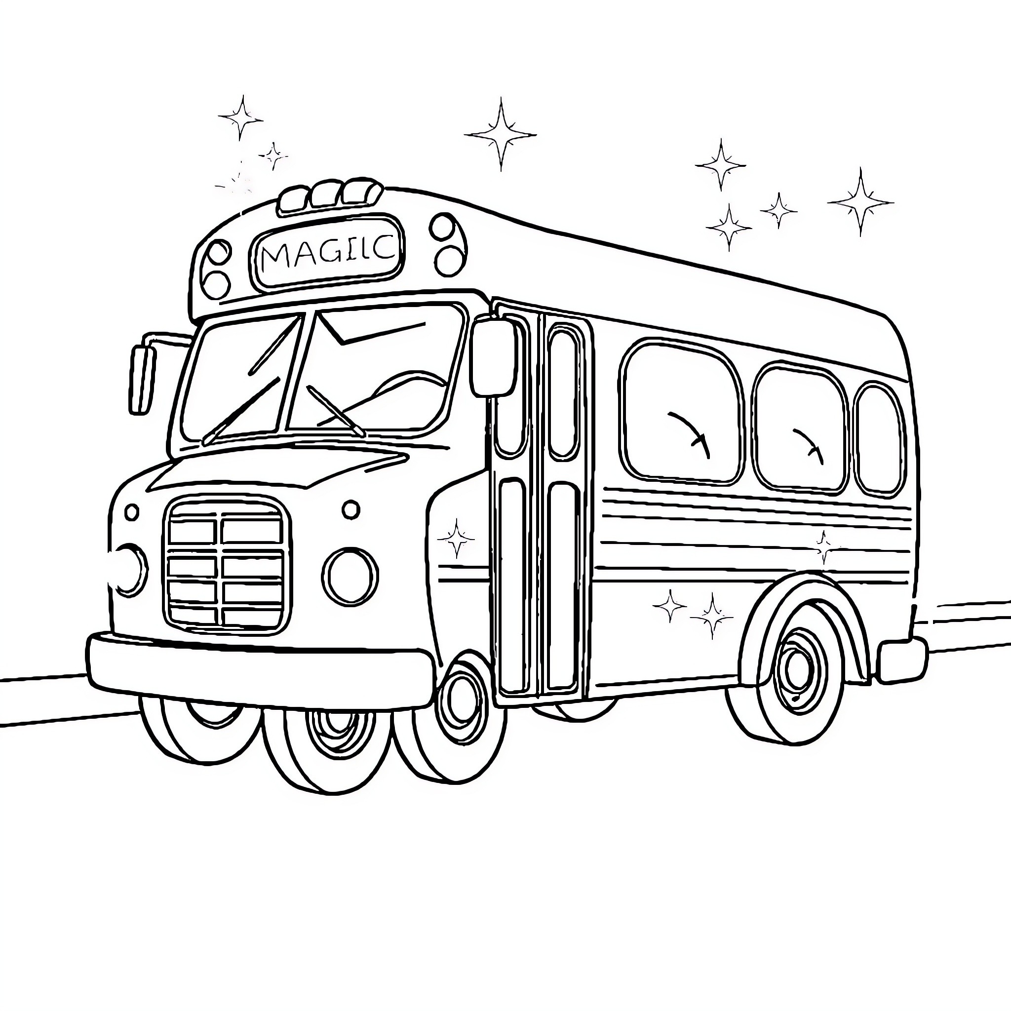 Bus transporting magic on the road Coloring Page (free black-and-white line drawing printable PDF for all, from beginners to advanced learners, including children, teens, adults, and seniors)