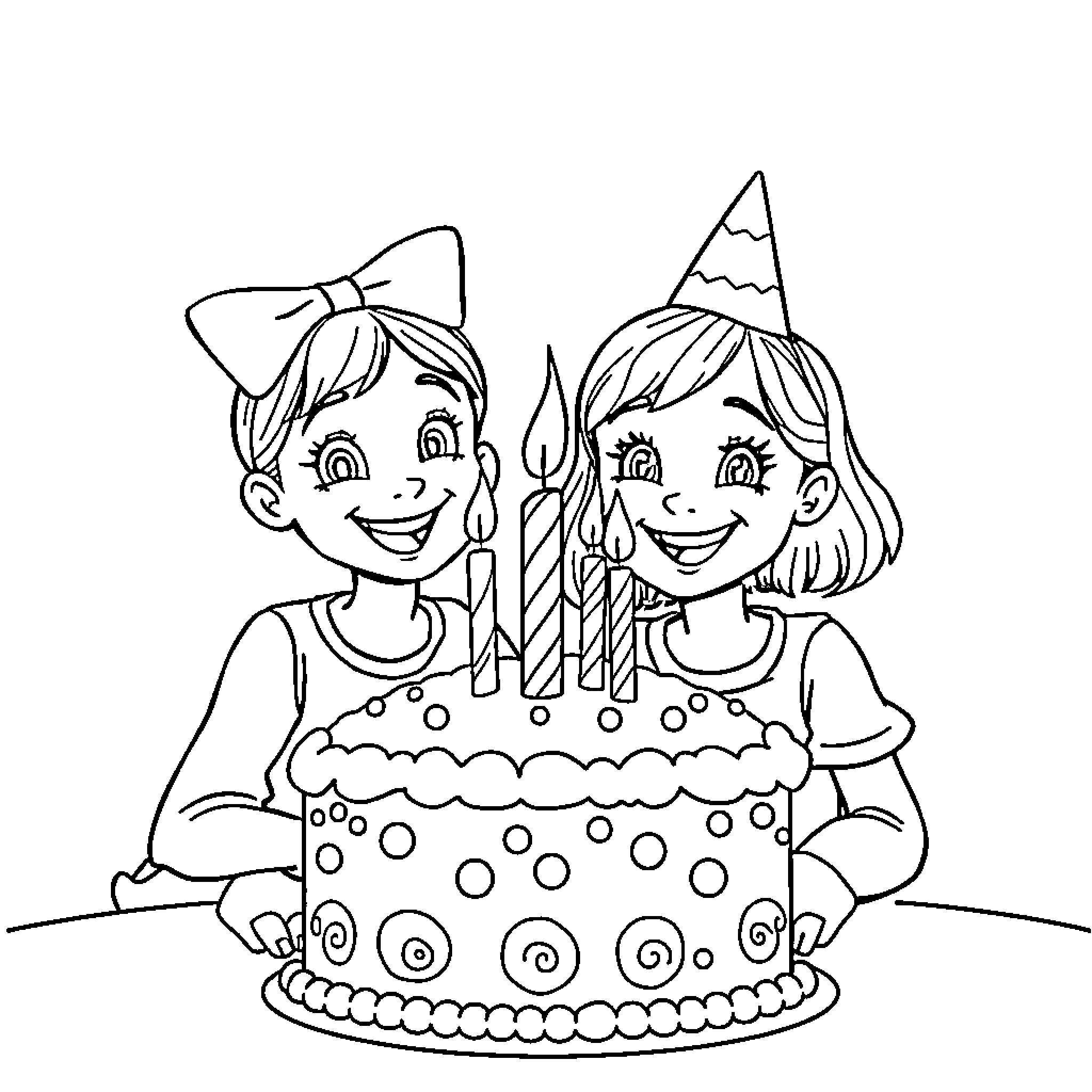 Birthday Celebration with Children and Cake Coloring Page (free black-and-white line drawing printable PDF for all, from beginners to advanced learners, including children, teens, adults, and seniors)