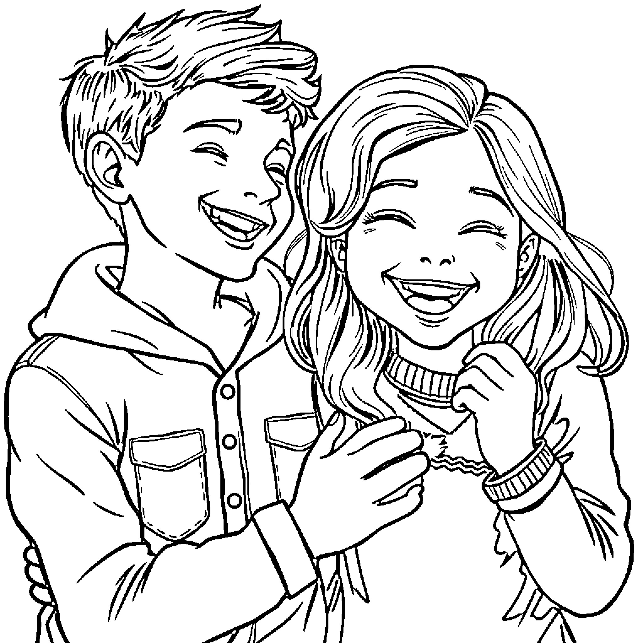 Siblings enjoying a moment together Coloring Page (free black-and-white line drawing printable PDF for all, from beginners to advanced learners, including children, teens, adults, and seniors)
