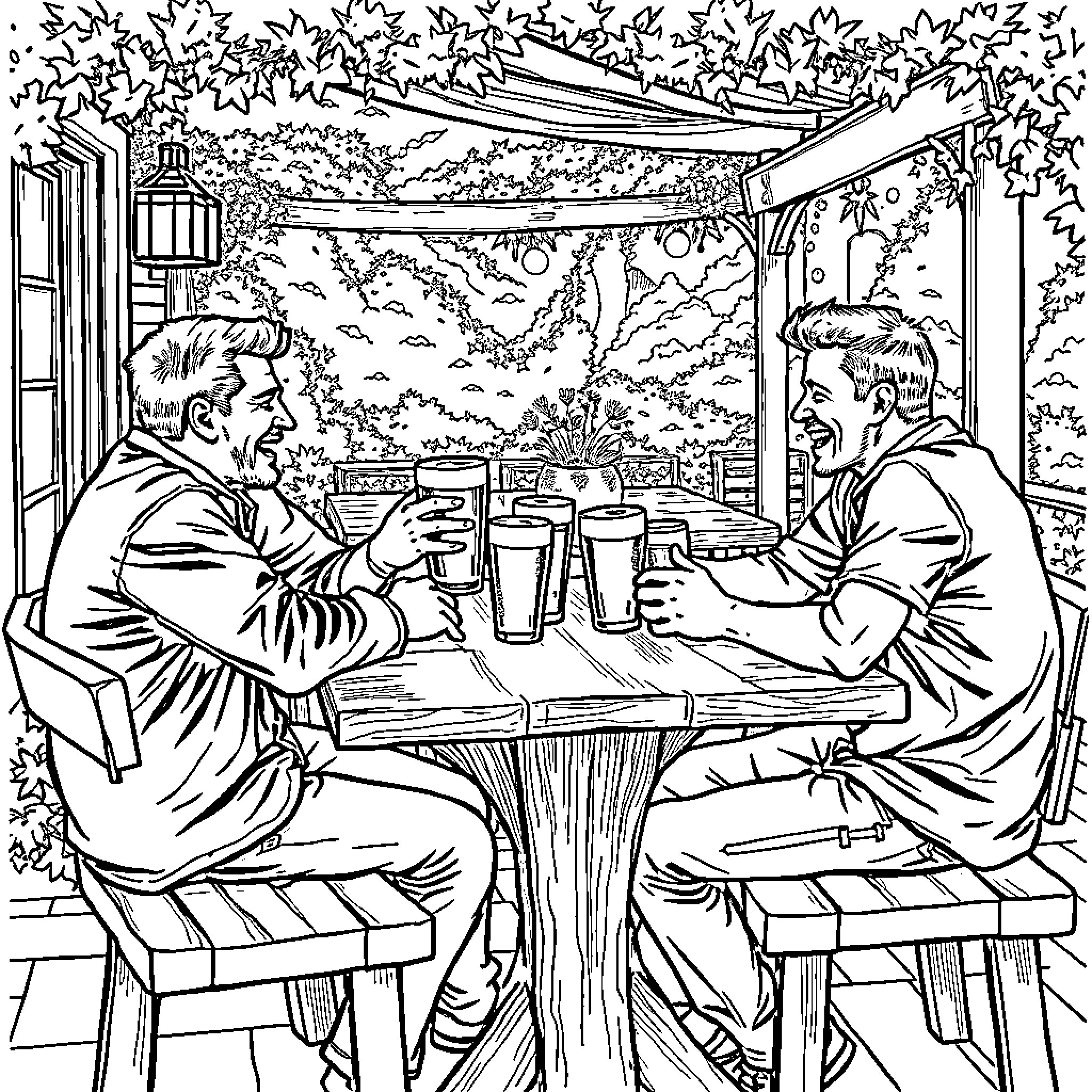Beer friends enjoying outdoor gathering Coloring Page (free black-and-white line drawing printable PDF for all, from beginners to advanced learners, including children, teens, adults, and seniors)