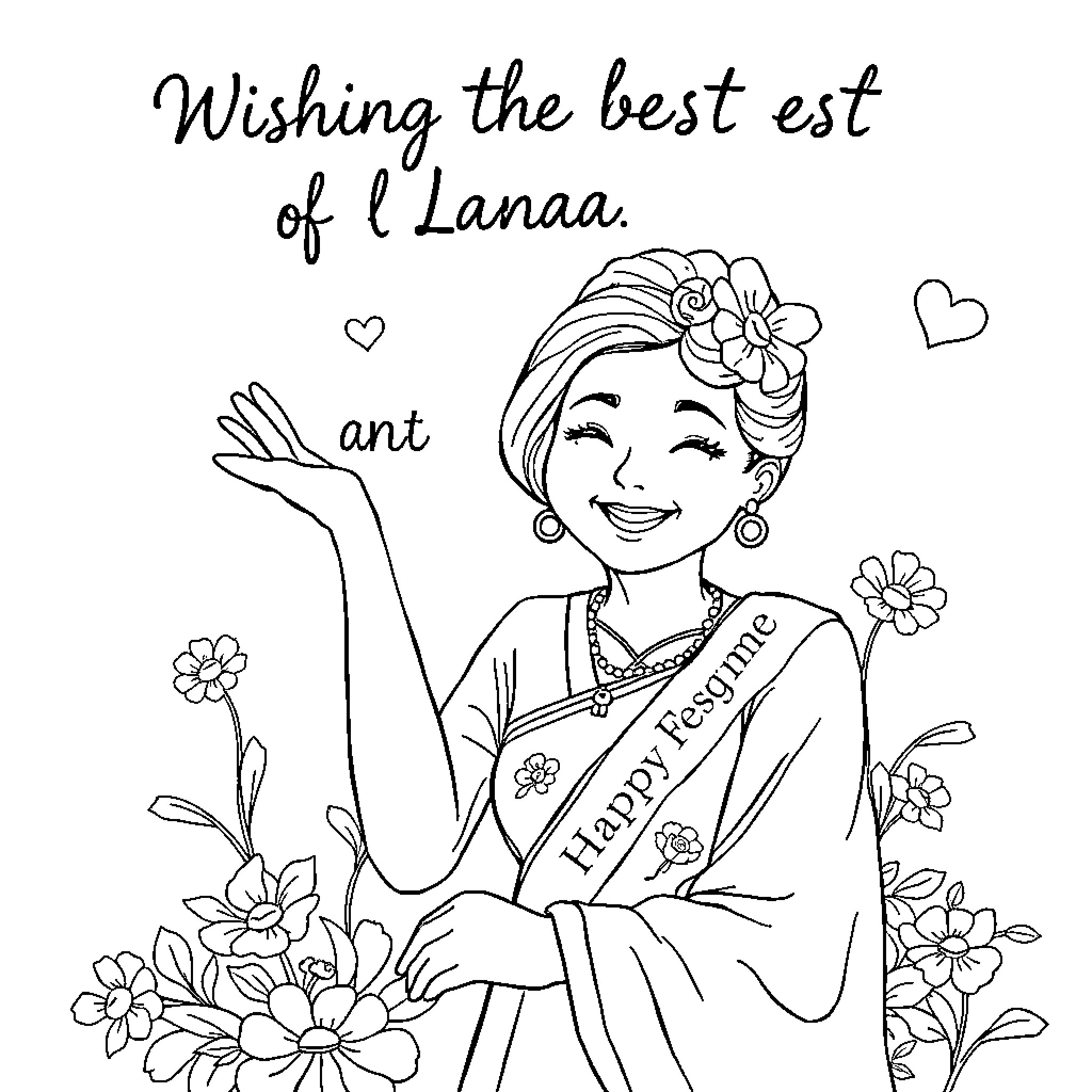 Nana's Festive Wishes for a Happy Occasion Coloring Page (free black-and-white line drawing printable PDF for all, from beginners to advanced learners, including children, teens, adults, and seniors)
