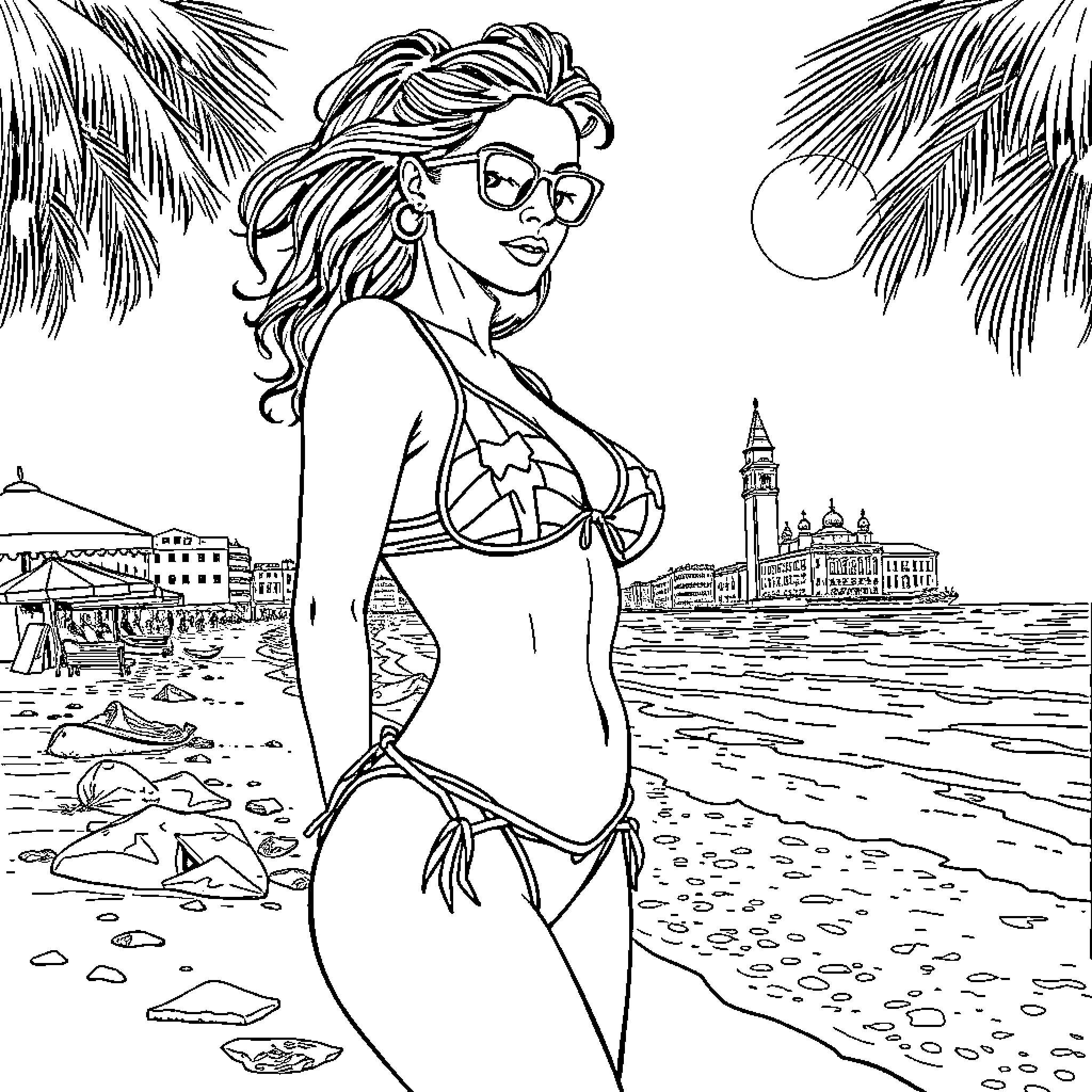 Latina woman enjoying the beach scene Coloring Page (free black-and-white line drawing printable PDF for all, from beginners to advanced learners, including children, teens, adults, and seniors)