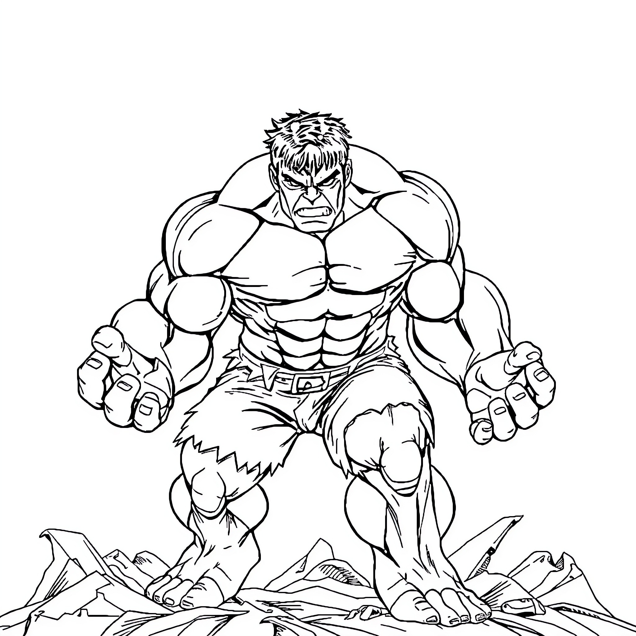 Hulk Destroying Surroundings with Ferocious Expression Coloring Page (free black-and-white line drawing printable PDF for all, from beginners to advanced learners, including children, teens, adults, and seniors)
