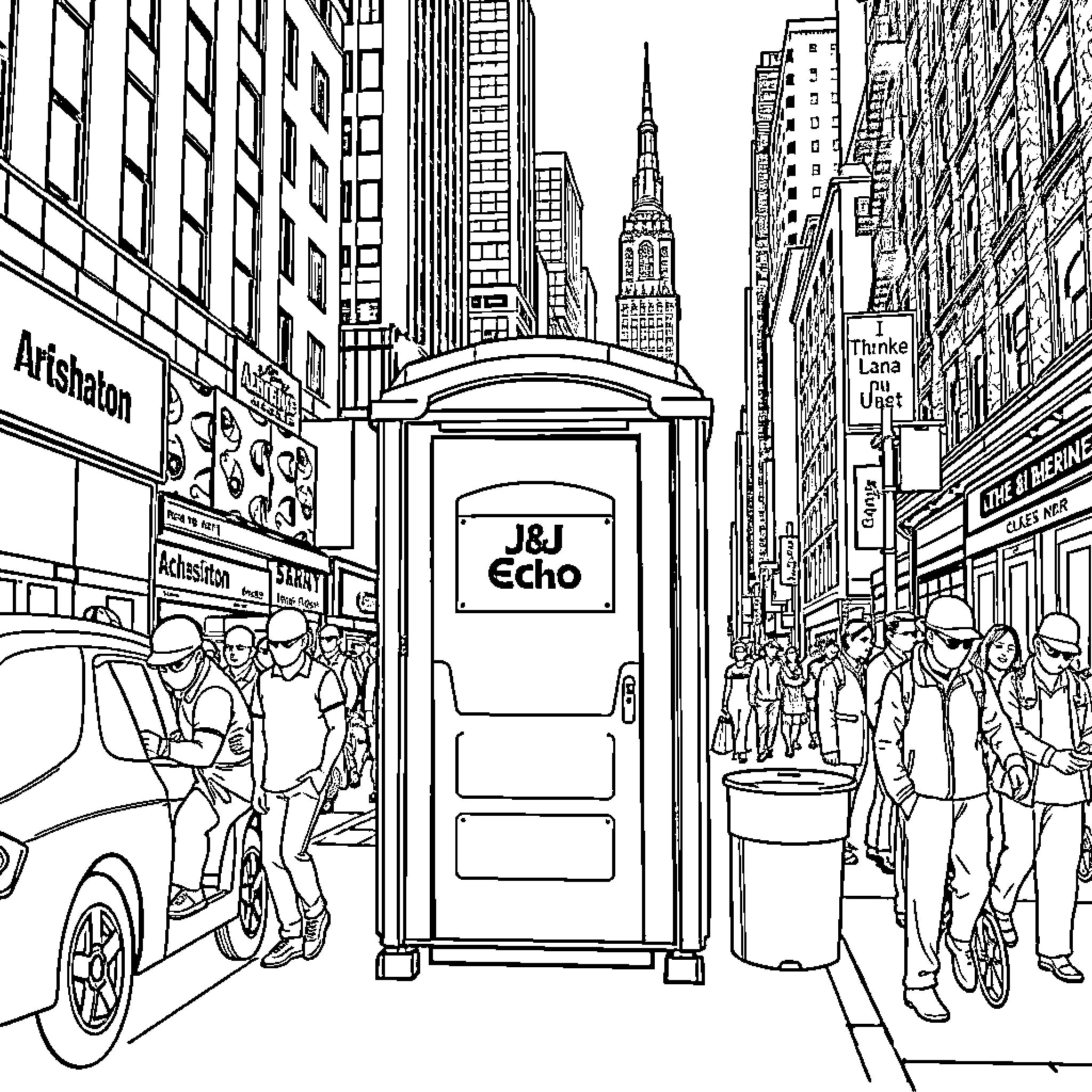 Portable Toilet Stands Amidst Busy City Scene Coloring Page (free black-and-white line drawing printable PDF for all, from beginners to advanced learners, including children, teens, adults, and seniors)