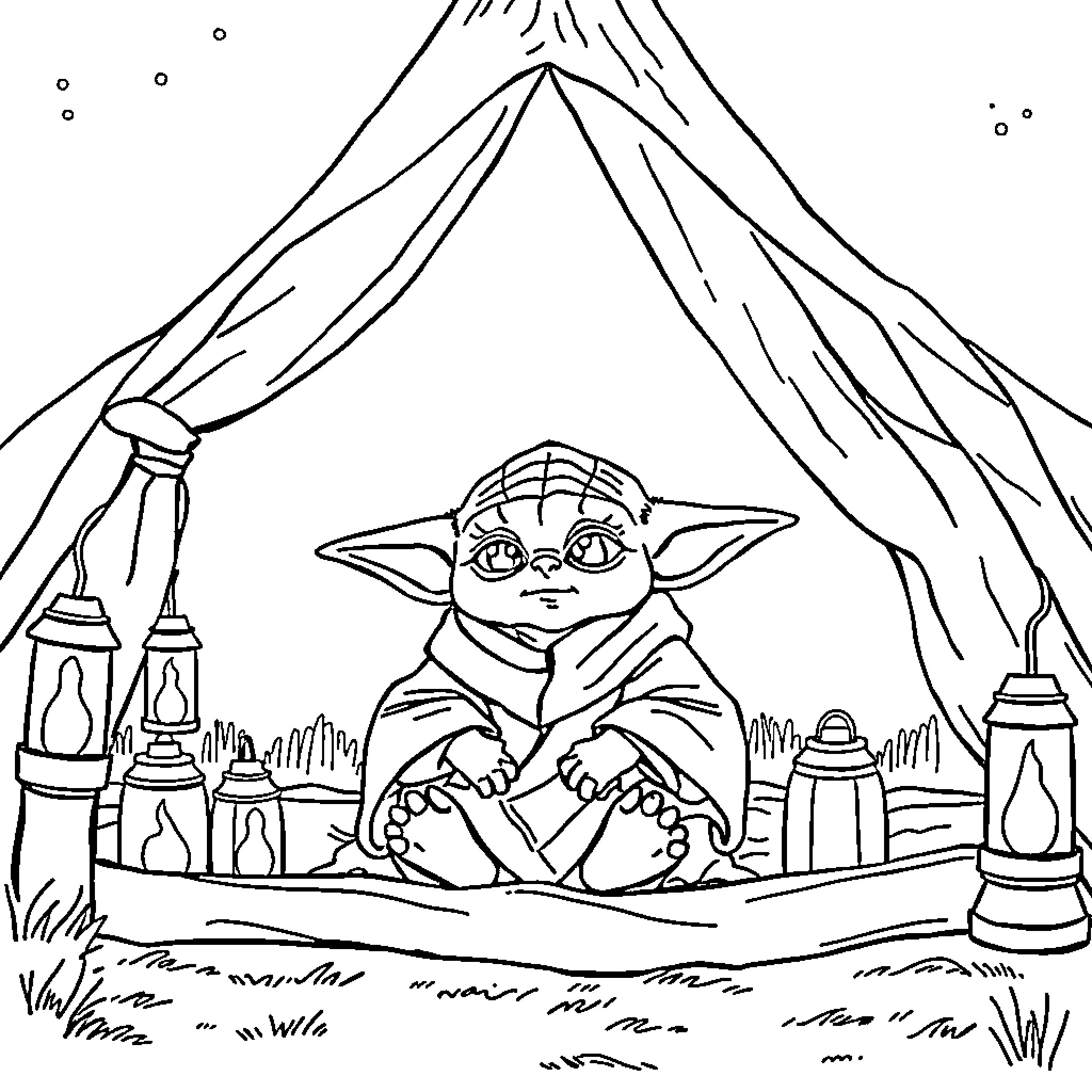 Yoda resting under the stars in a cozy tent Coloring Page (free black-and-white line drawing printable PDF for all, from beginners to advanced learners, including children, teens, adults, and seniors)