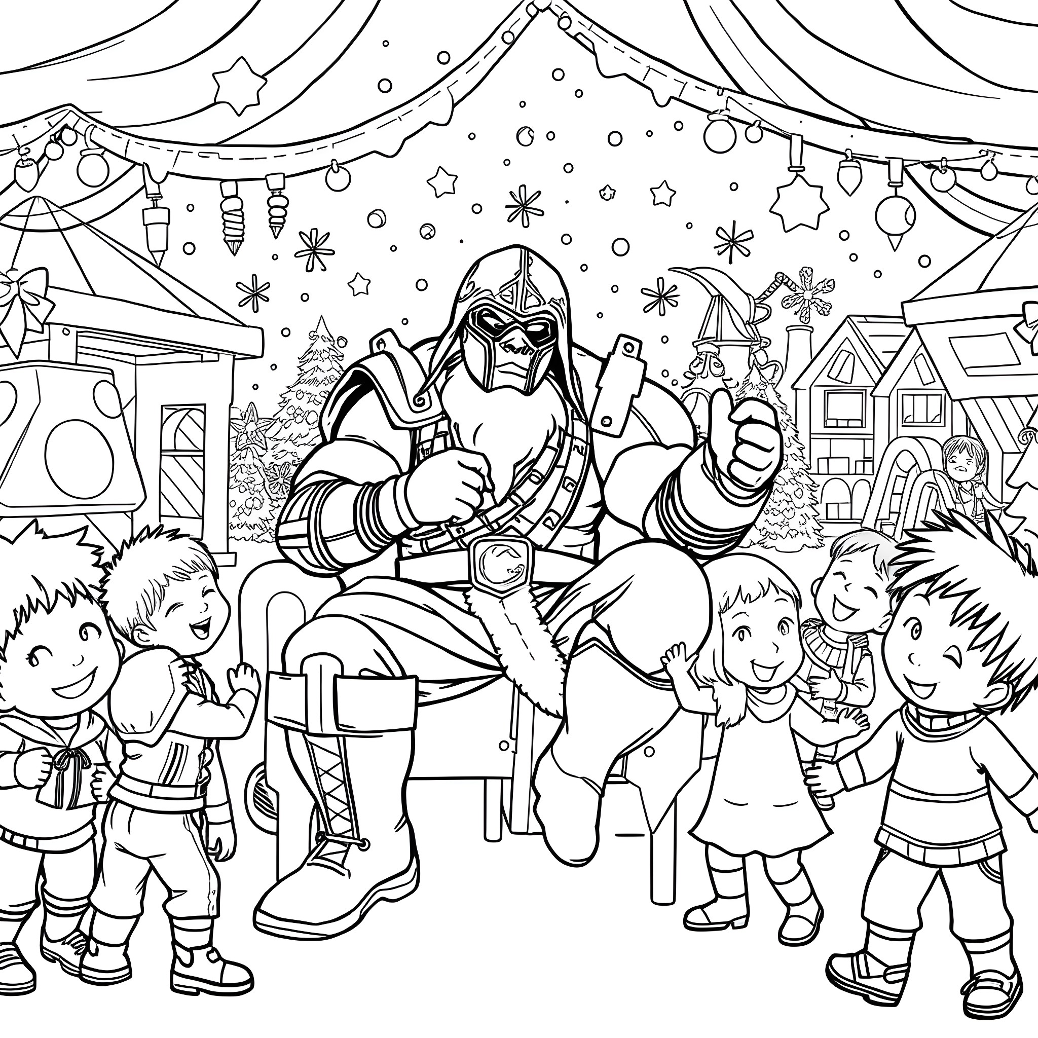 Scorpion Superhero Entertaining Children at Winter Festival Coloring Page (free black-and-white line drawing printable PDF for all, from beginners to advanced learners, including children, teens, adults, and seniors)