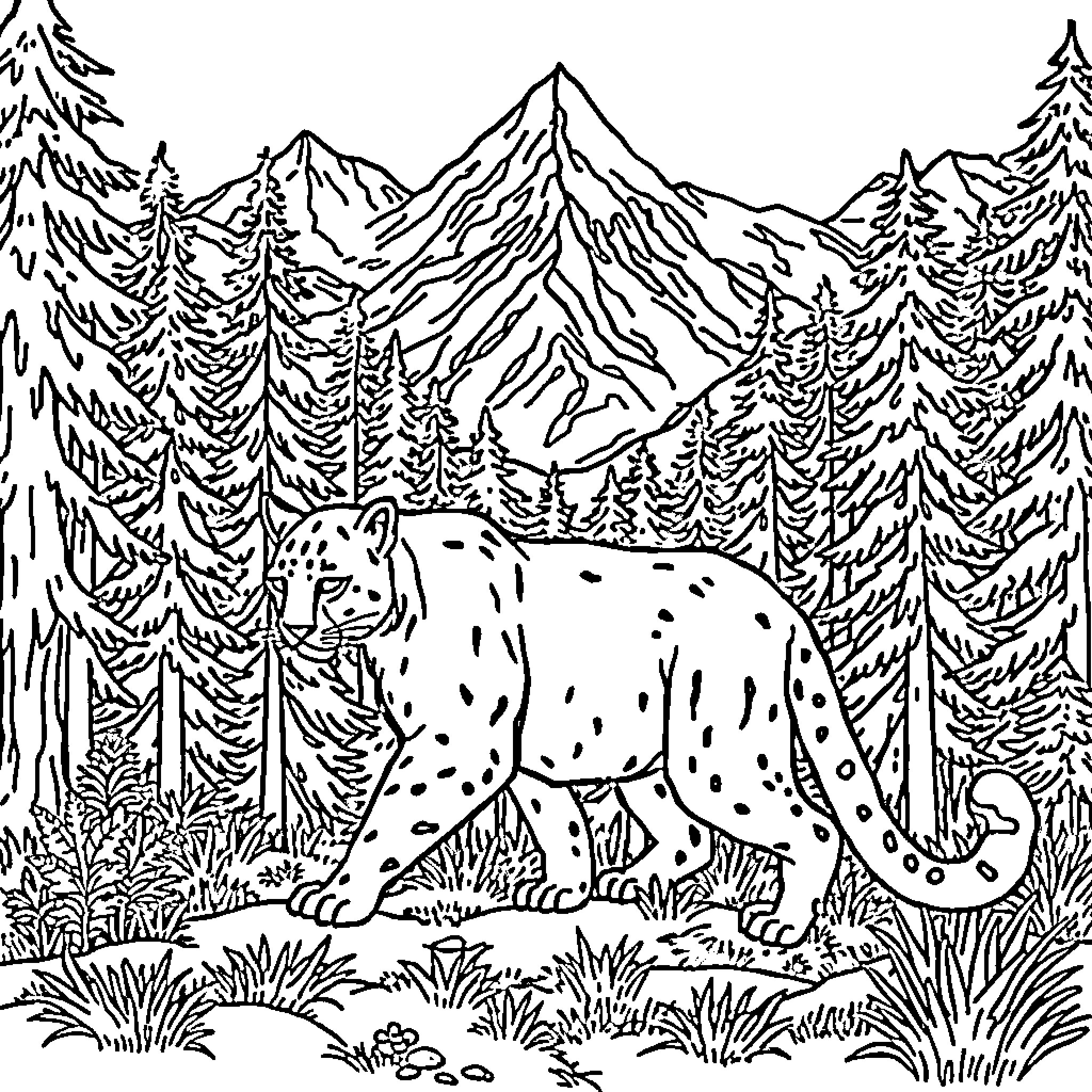 Cougar exploring the wilderness Coloring Page (free black-and-white line drawing printable PDF for all, from beginners to advanced learners, including children, teens, adults, and seniors)