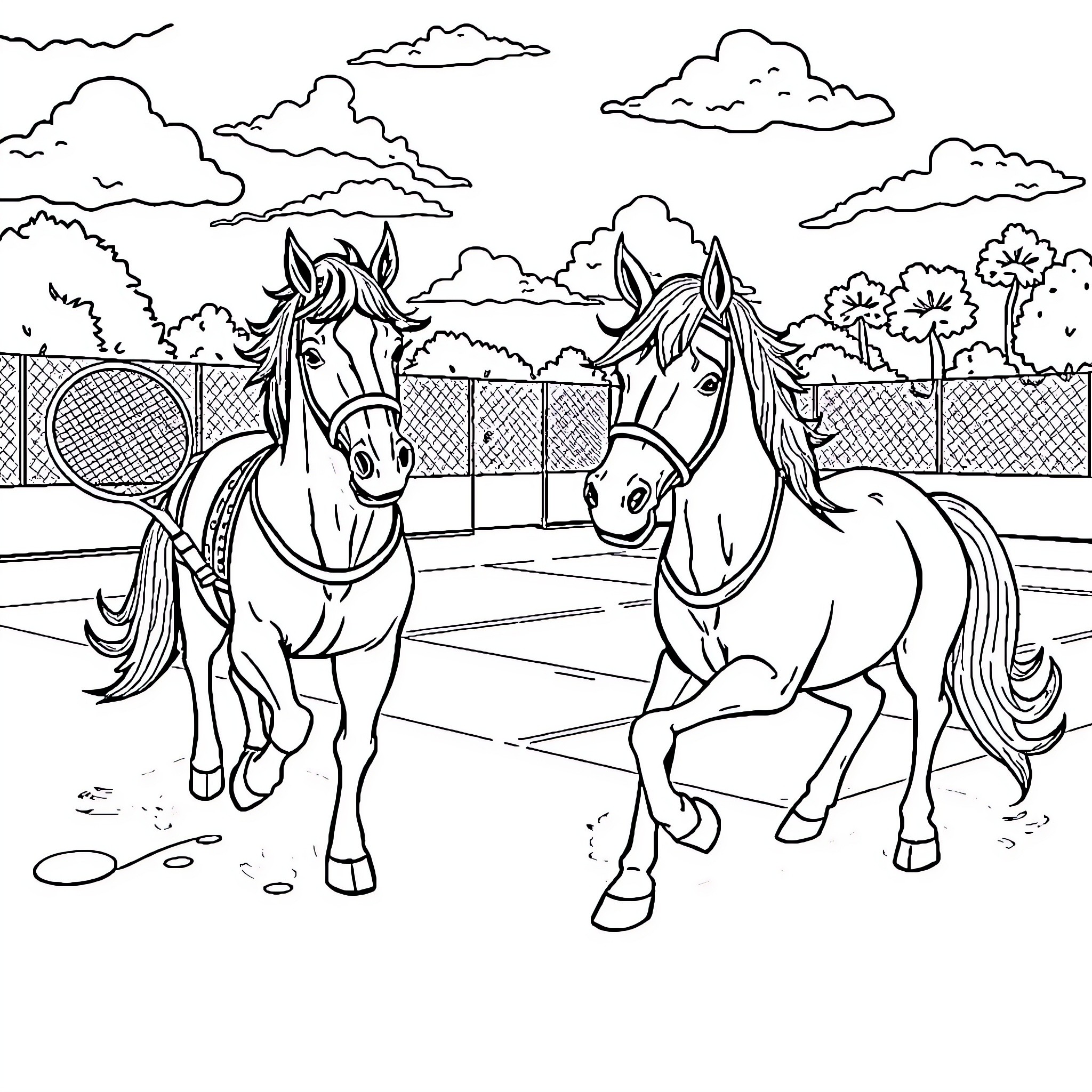 Horse pair galloping in the enclosed field Coloring Page (free black-and-white line drawing printable PDF for all, from beginners to advanced learners, including children, teens, adults, and seniors)