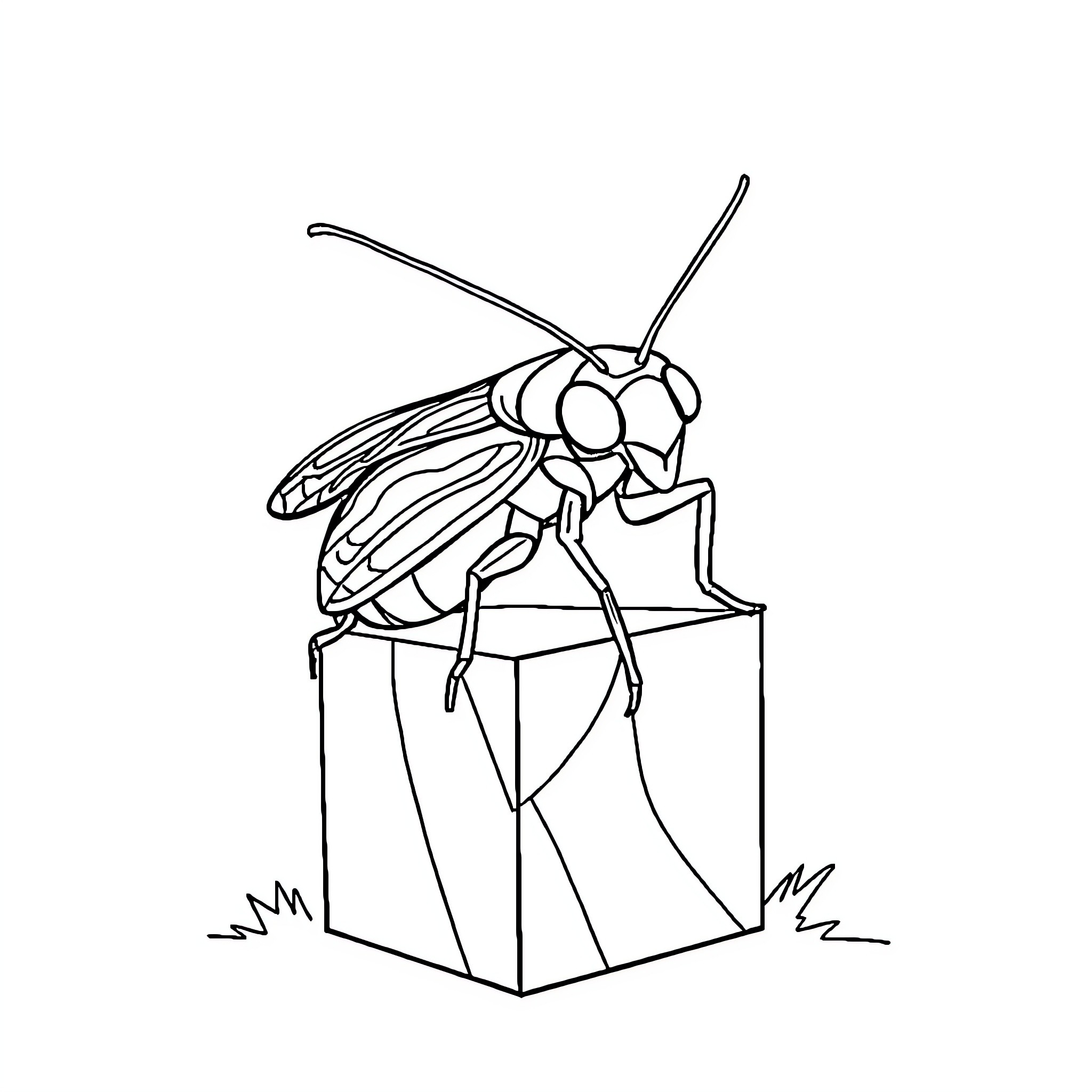 Cicada emerging from a box Coloring Page (free black-and-white line drawing printable PDF for all, from beginners to advanced learners, including children, teens, adults, and seniors)
