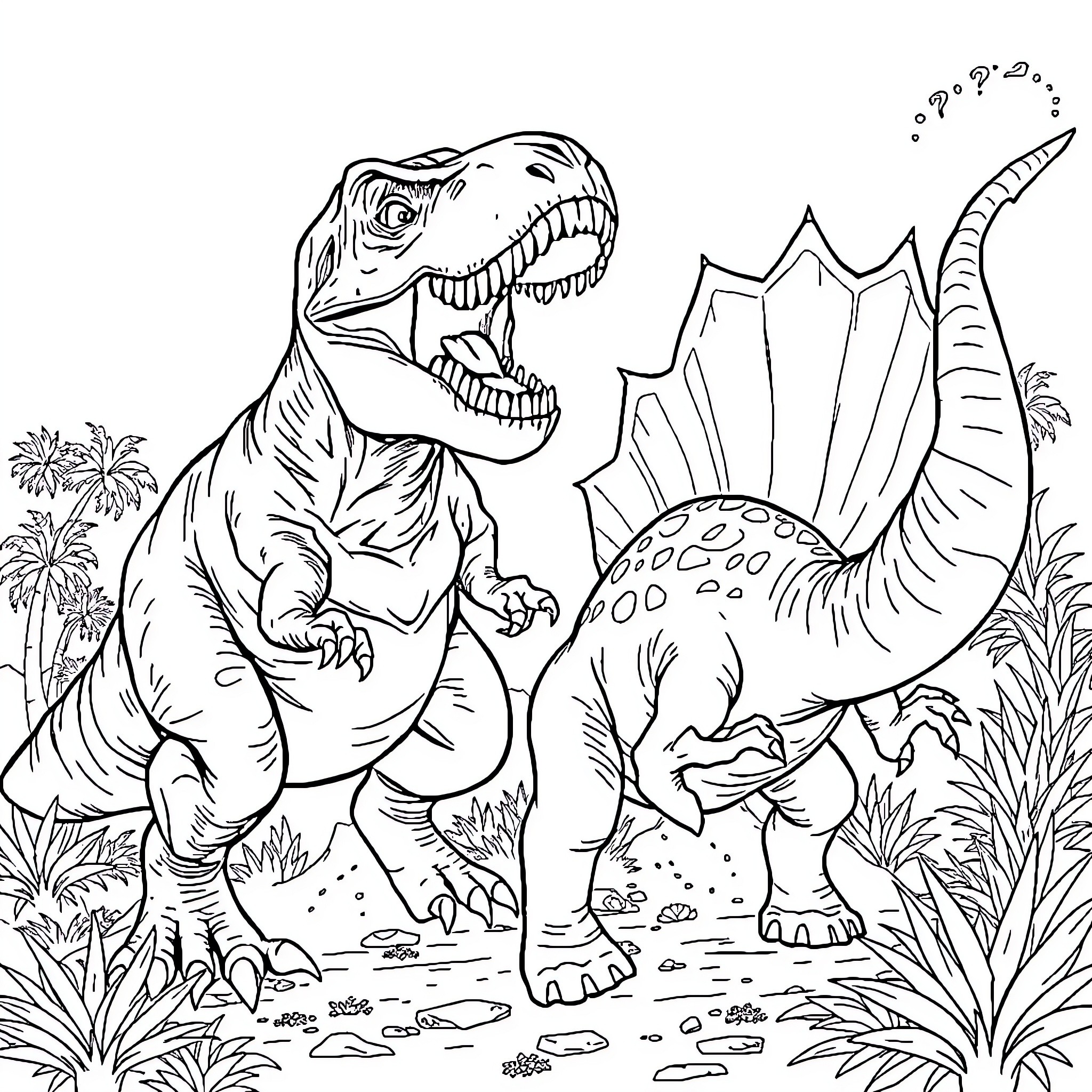 Dinosaurs Roaring and Battling in Prehistoric Landscape Coloring Page (free black-and-white line drawing printable PDF for all, from beginners to advanced learners, including children, teens, adults, and seniors)