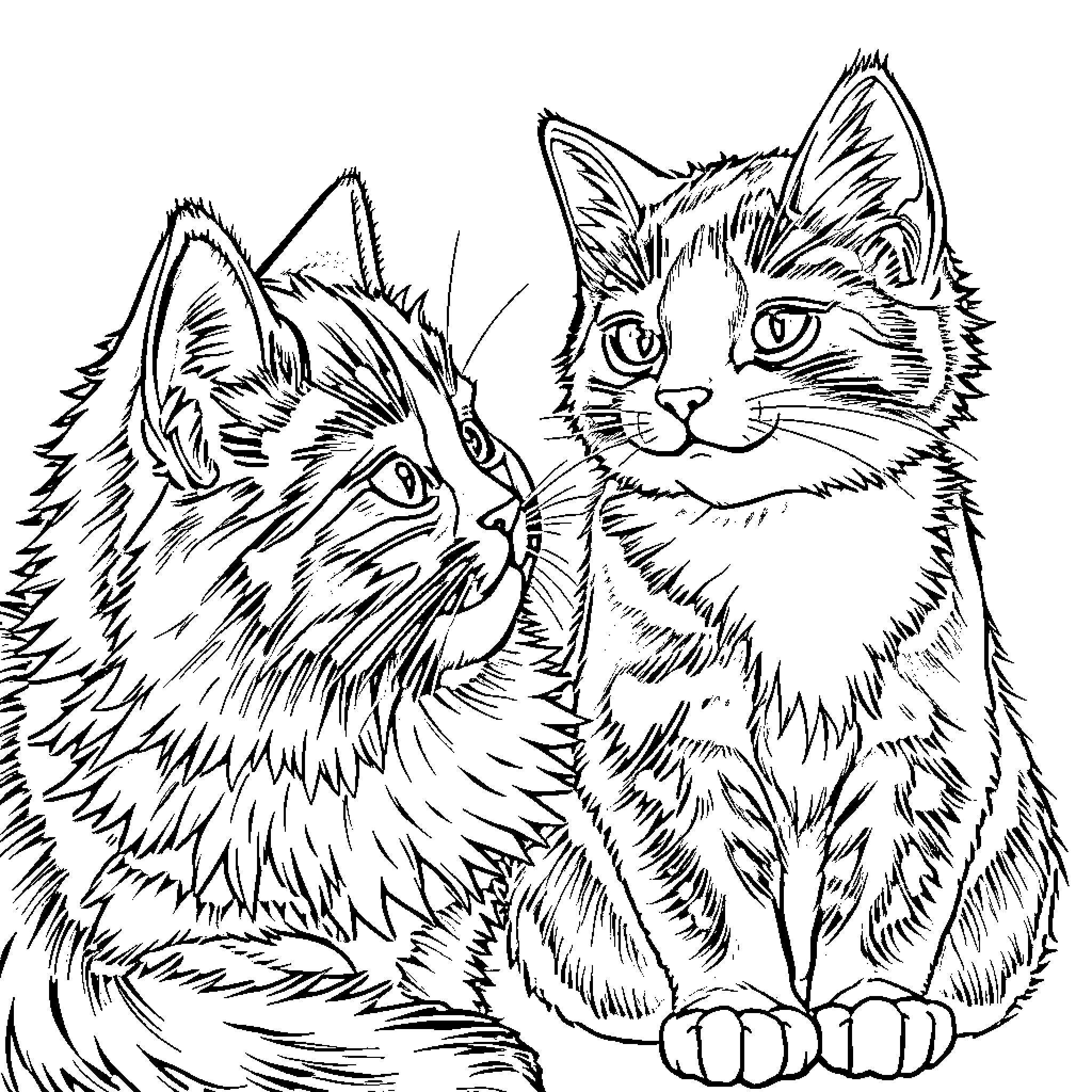 Cat friends cuddling and nuzzling Coloring Page (free black-and-white line drawing printable PDF for all, from beginners to advanced learners, including children, teens, adults, and seniors)