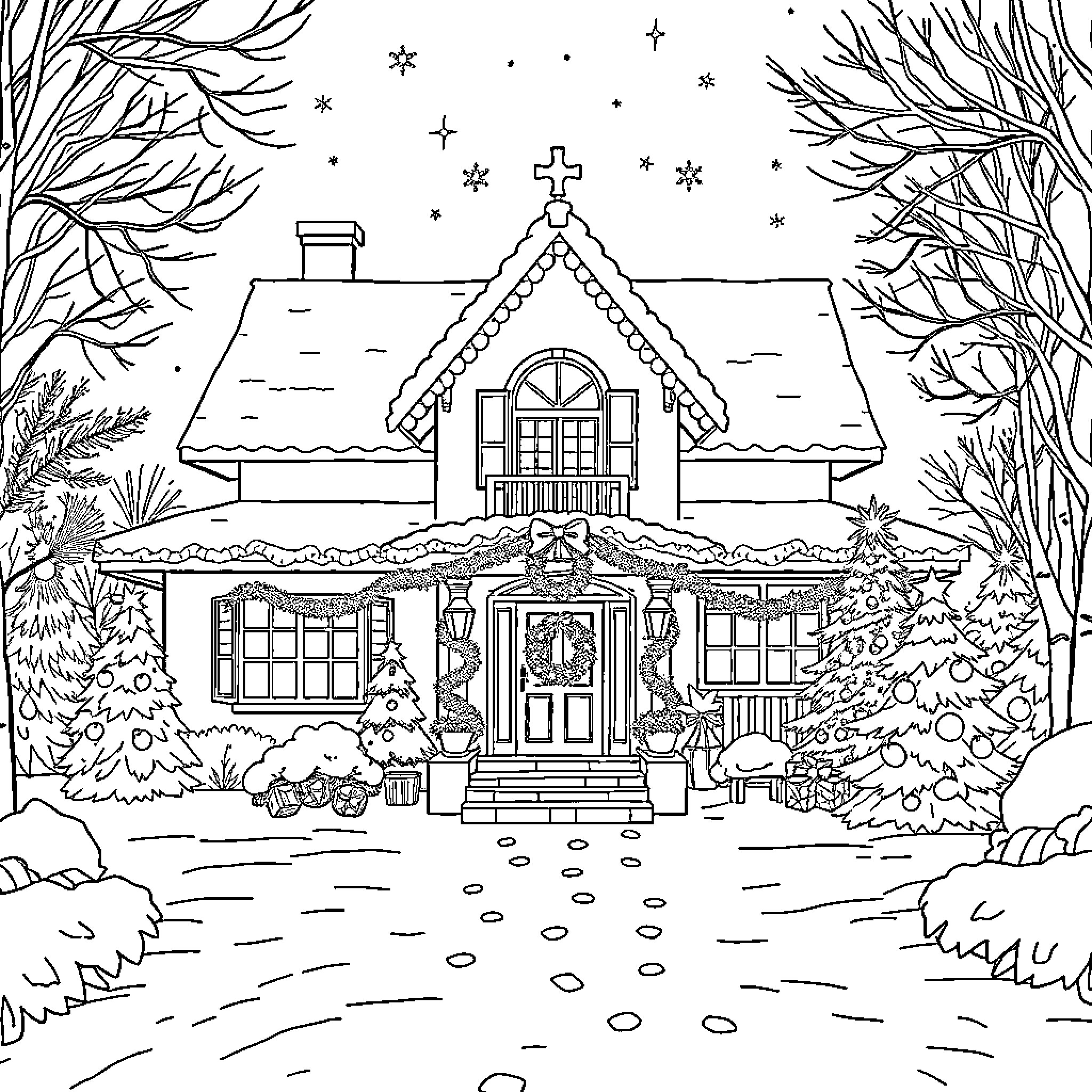 Casa with festive winter decorations and snowy landscape Coloring Page (free black-and-white line drawing printable PDF for all, from beginners to advanced learners, including children, teens, adults, and seniors)
