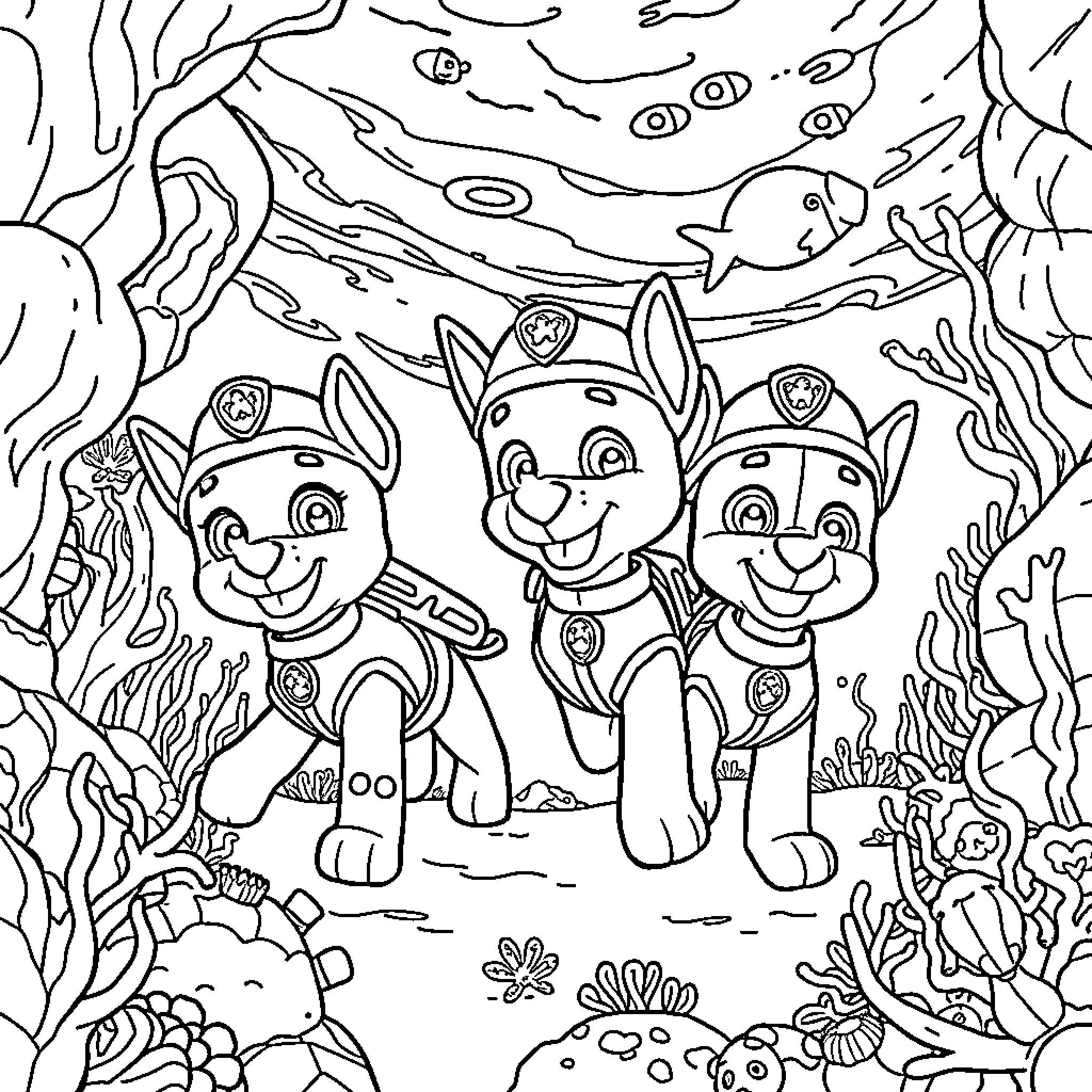 Paw Patrol Underwater Adventure Coloring Page (free black-and-white line drawing printable PDF for all, from beginners to advanced learners, including children, teens, adults, and seniors)