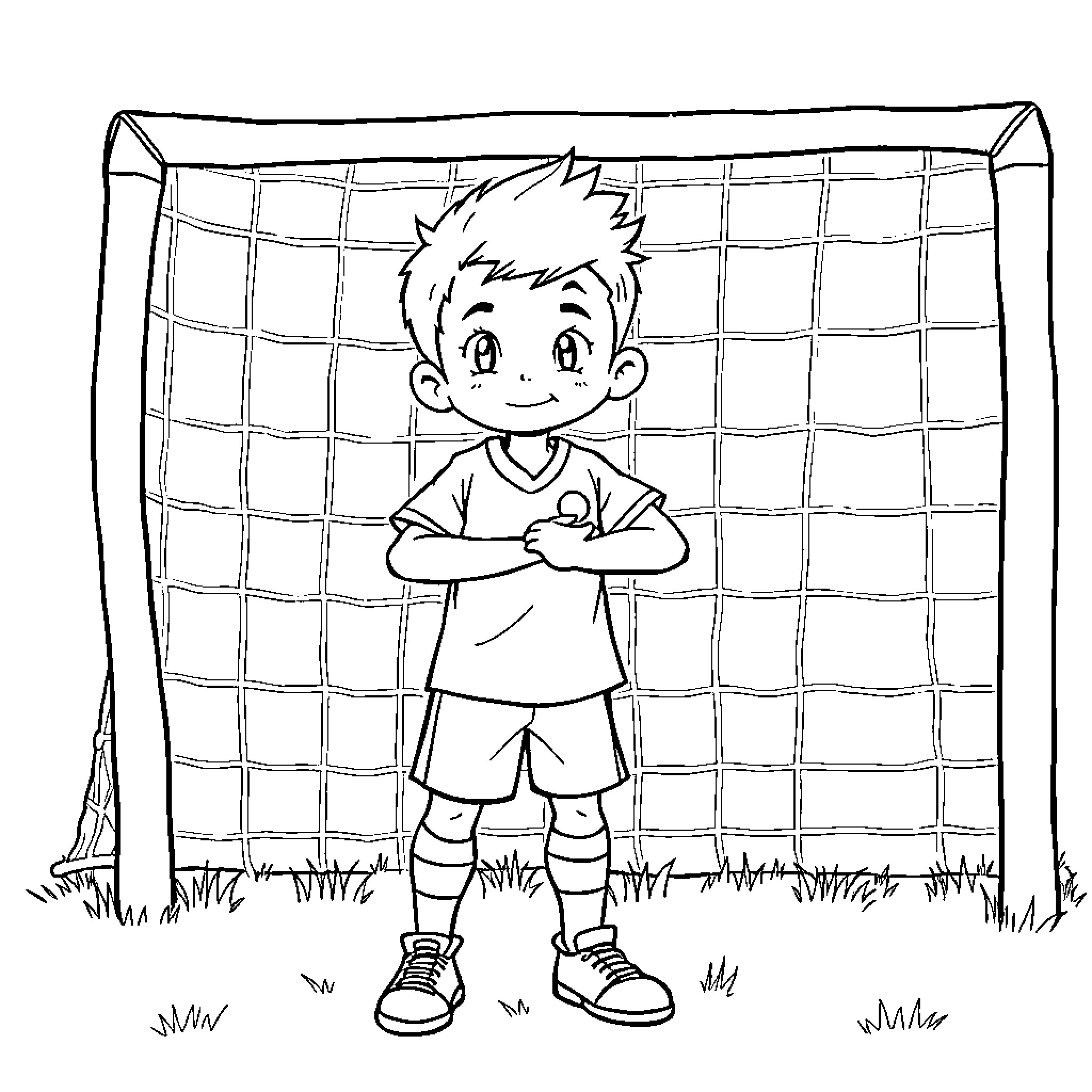 Soccer player standing in front of goal Coloring Page (free black-and-white line drawing printable PDF for all, from beginners to advanced learners, including children, teens, adults, and seniors)