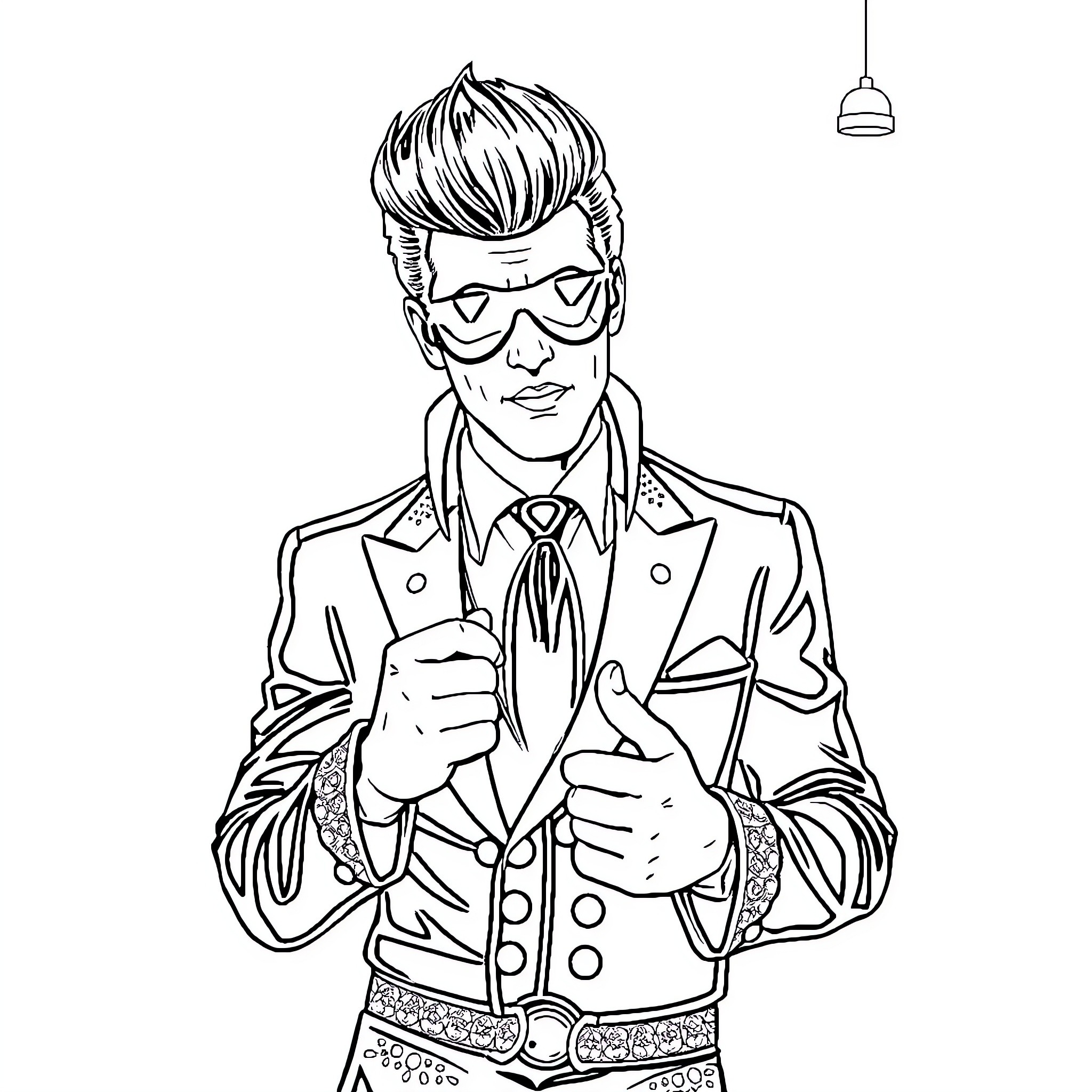 Elvis Presley making a gesture with sunglasses and suit Coloring Page (free black-and-white line drawing printable PDF for all, from beginners to advanced learners, including children, teens, adults, and seniors)