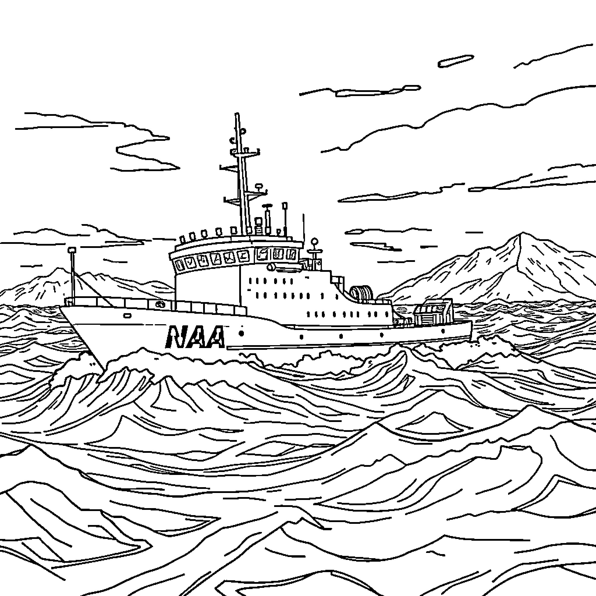 Ship Navigating Stormy Seas Amid Mountainous Landscapes Coloring Page (free black-and-white line drawing printable PDF for all, from beginners to advanced learners, including children, teens, adults, and seniors)