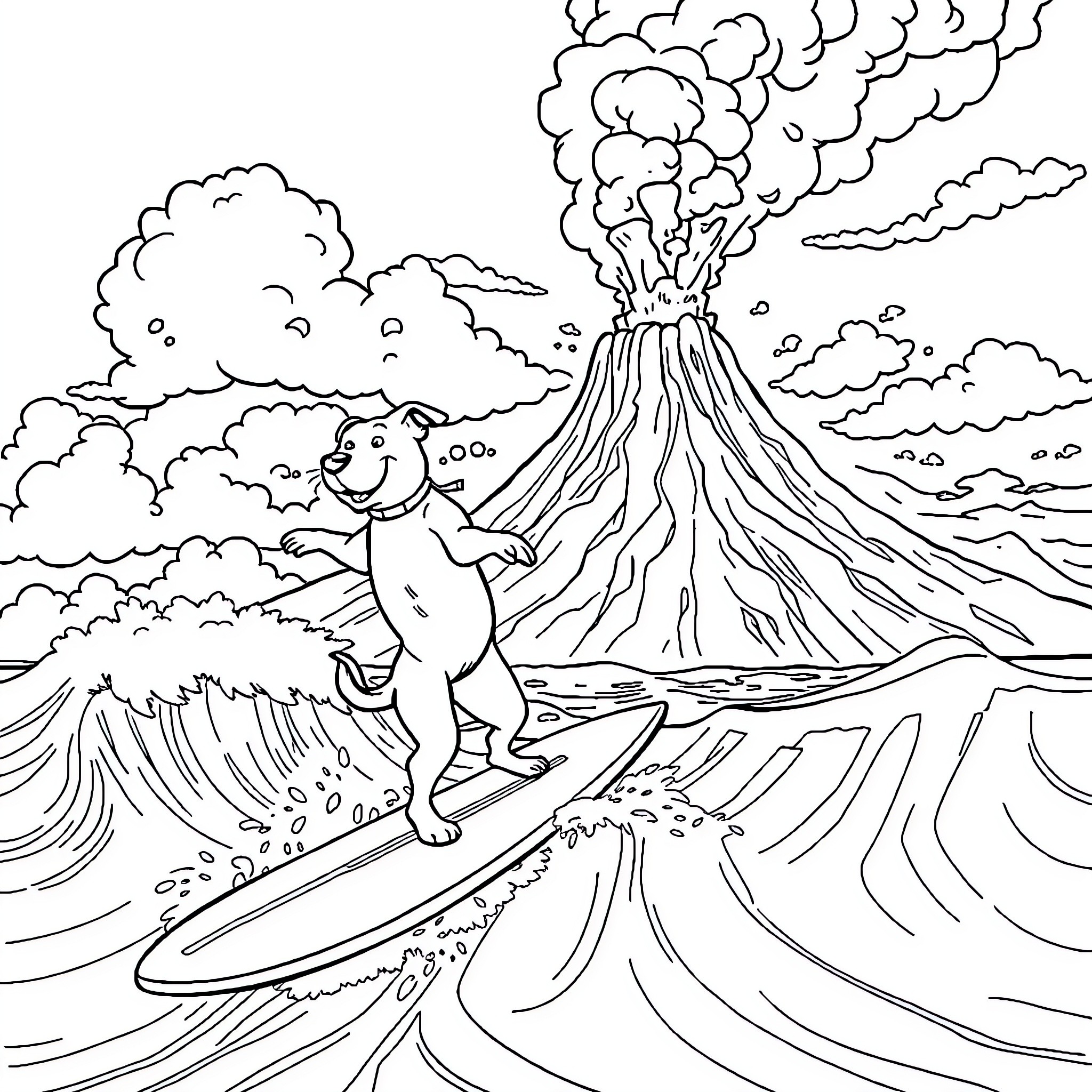 Dog surfing near volcanic eruption Coloring Page (free black-and-white line drawing printable PDF for all, from beginners to advanced learners, including children, teens, adults, and seniors)