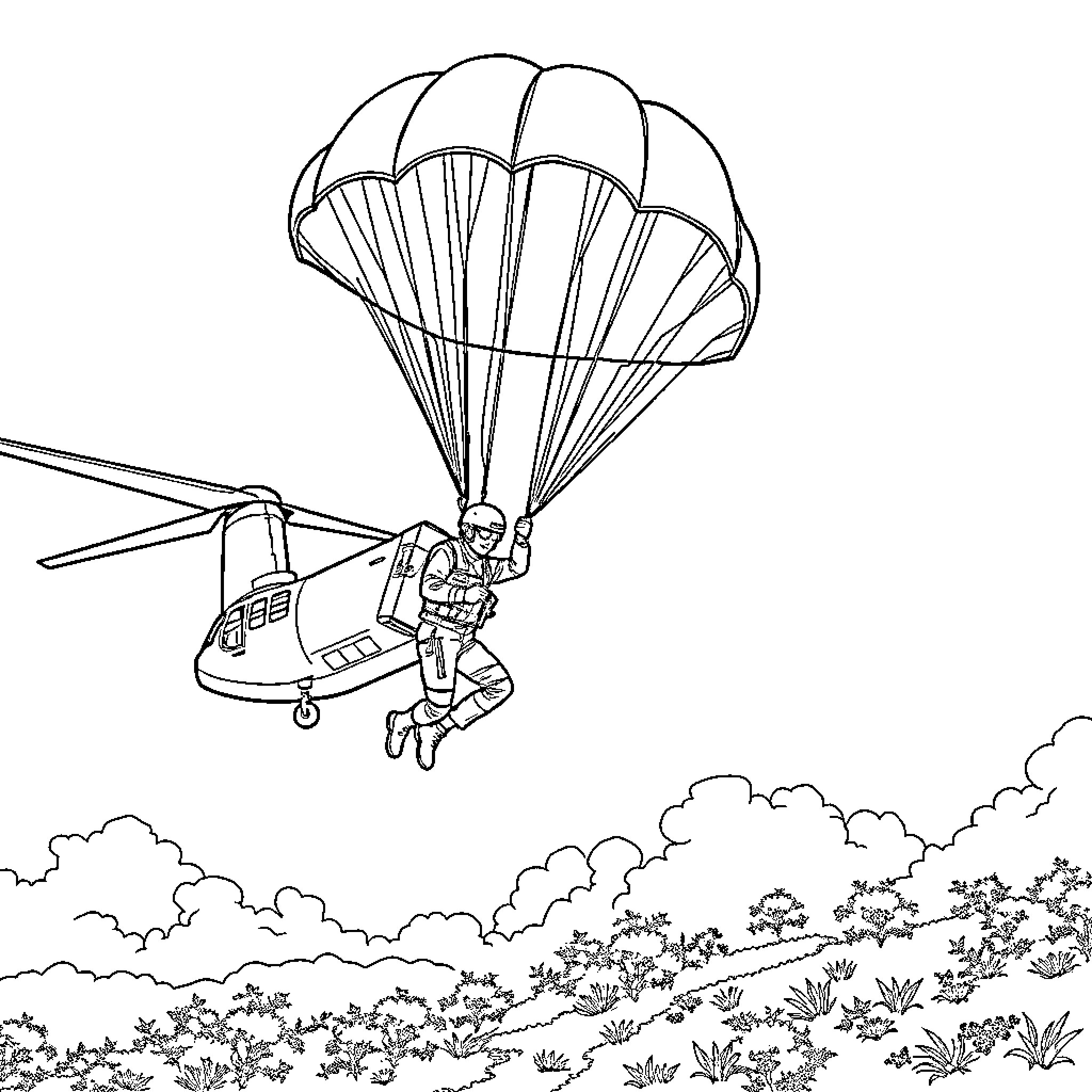 Soldier parachuting from military helicopter Coloring Page (free black-and-white line drawing printable PDF for all, from beginners to advanced learners, including children, teens, adults, and seniors)