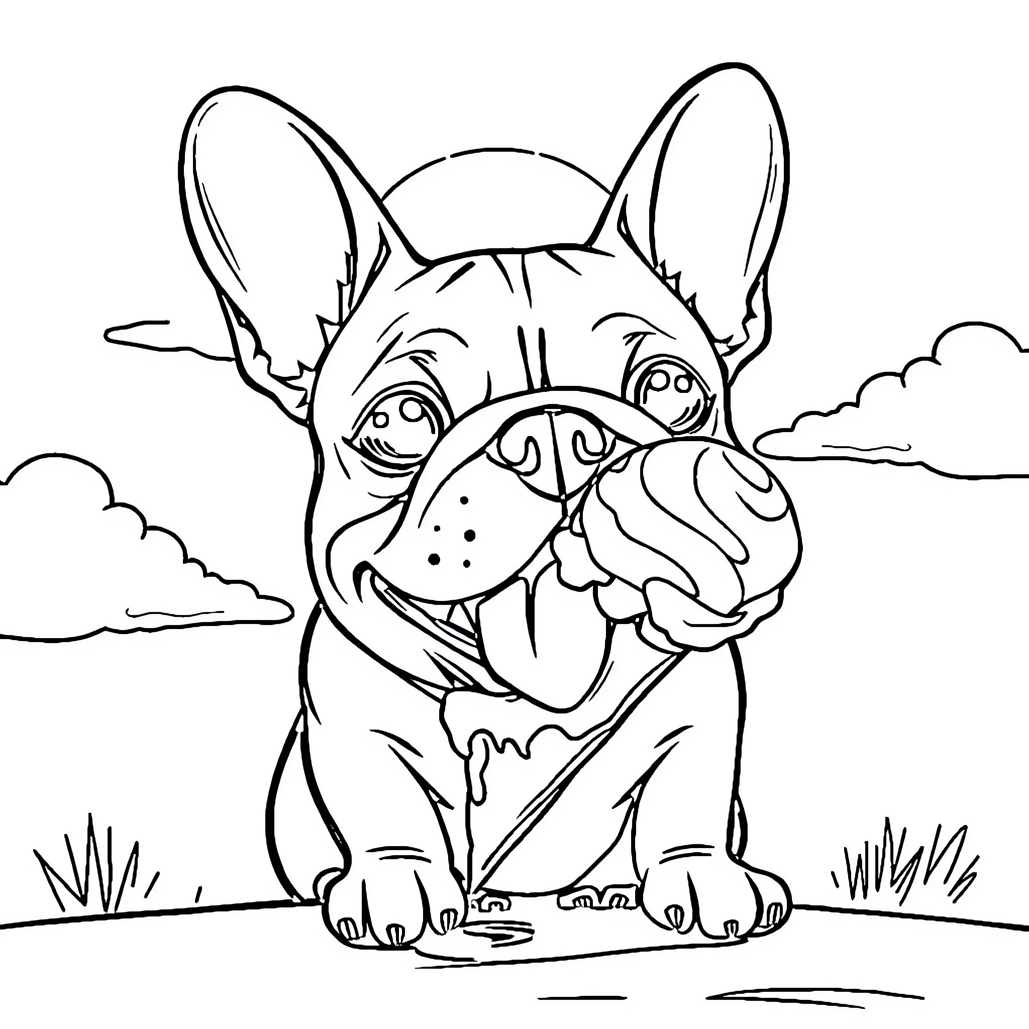 French Bulldog Enjoying the Outdoors Coloring Page (free black-and-white line drawing printable PDF for all, from beginners to advanced learners, including children, teens, adults, and seniors)