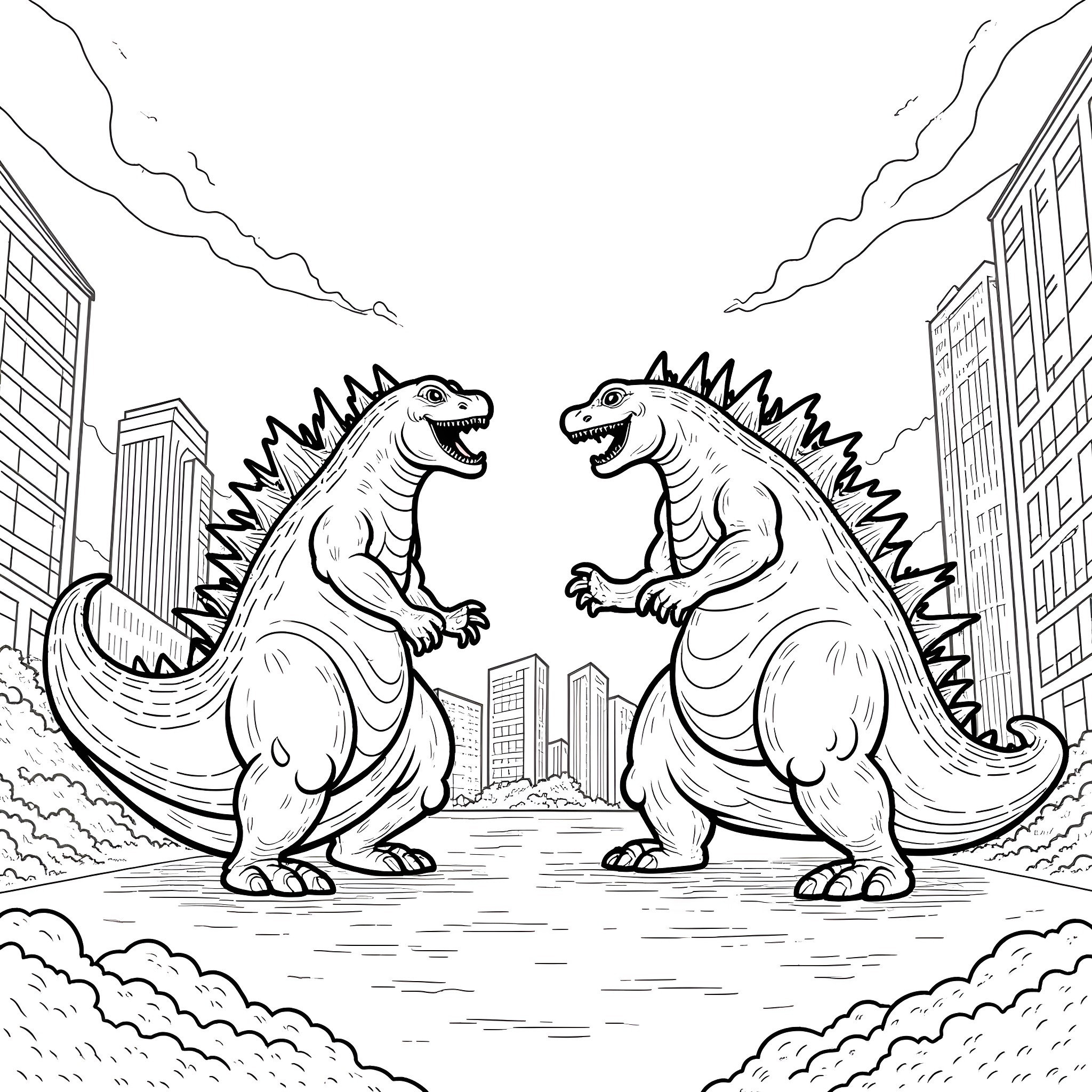 Godzilla titans battling in the city Coloring Page (free black-and-white line drawing printable PDF for all, from beginners to advanced learners, including children, teens, adults, and seniors)