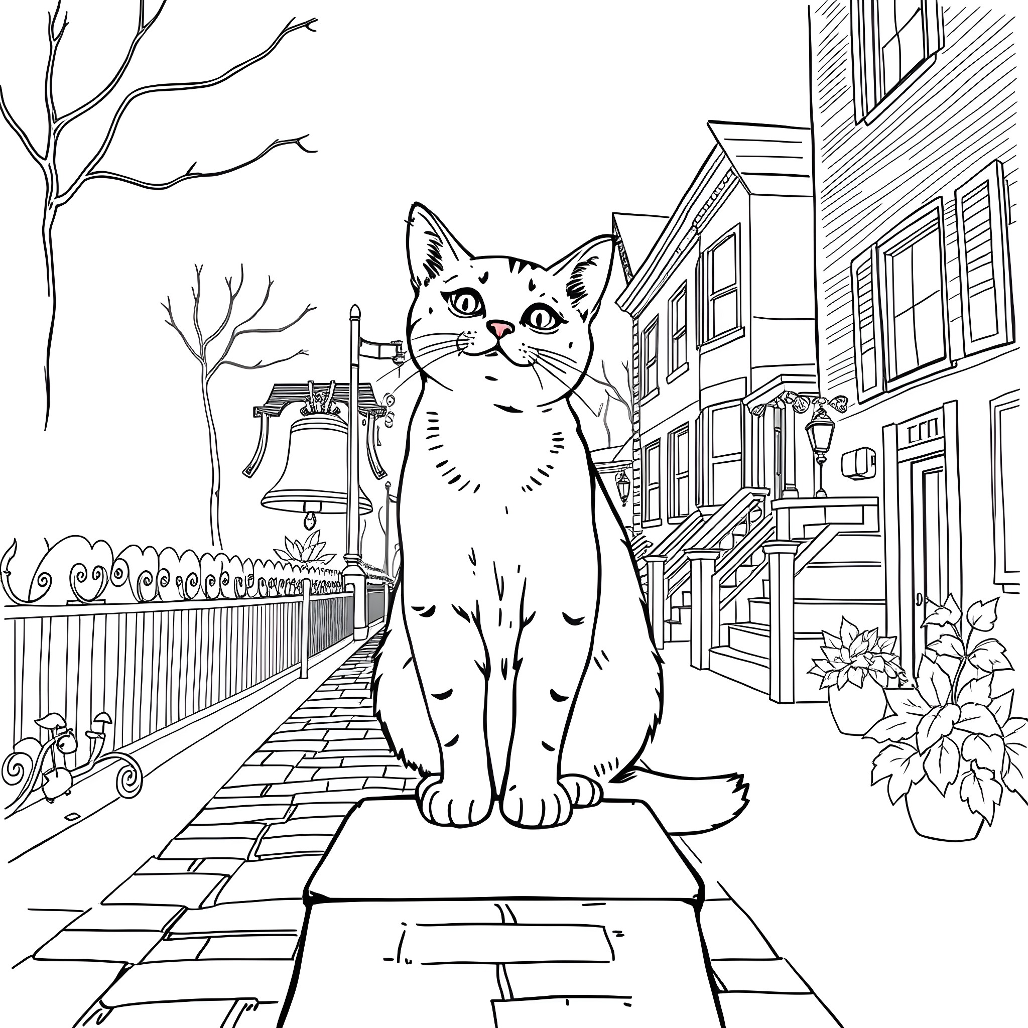 Cat sitting on a bench in a city street Coloring Page (free black-and-white line drawing printable PDF for all, from beginners to advanced learners, including children, teens, adults, and seniors)