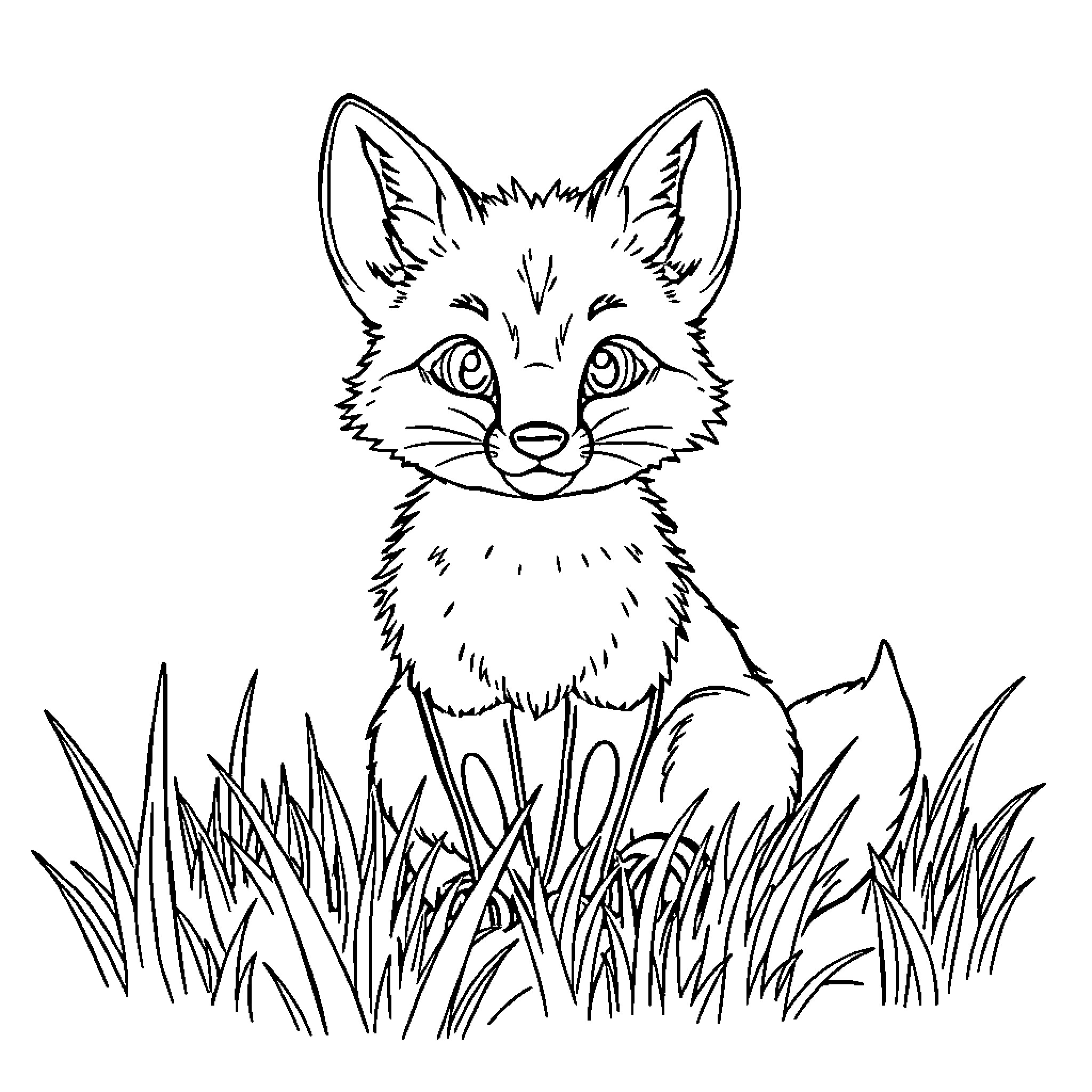 Fox sitting calmly in the tall grass Coloring Page (free black-and-white line drawing printable PDF for all, from beginners to advanced learners, including children, teens, adults, and seniors)