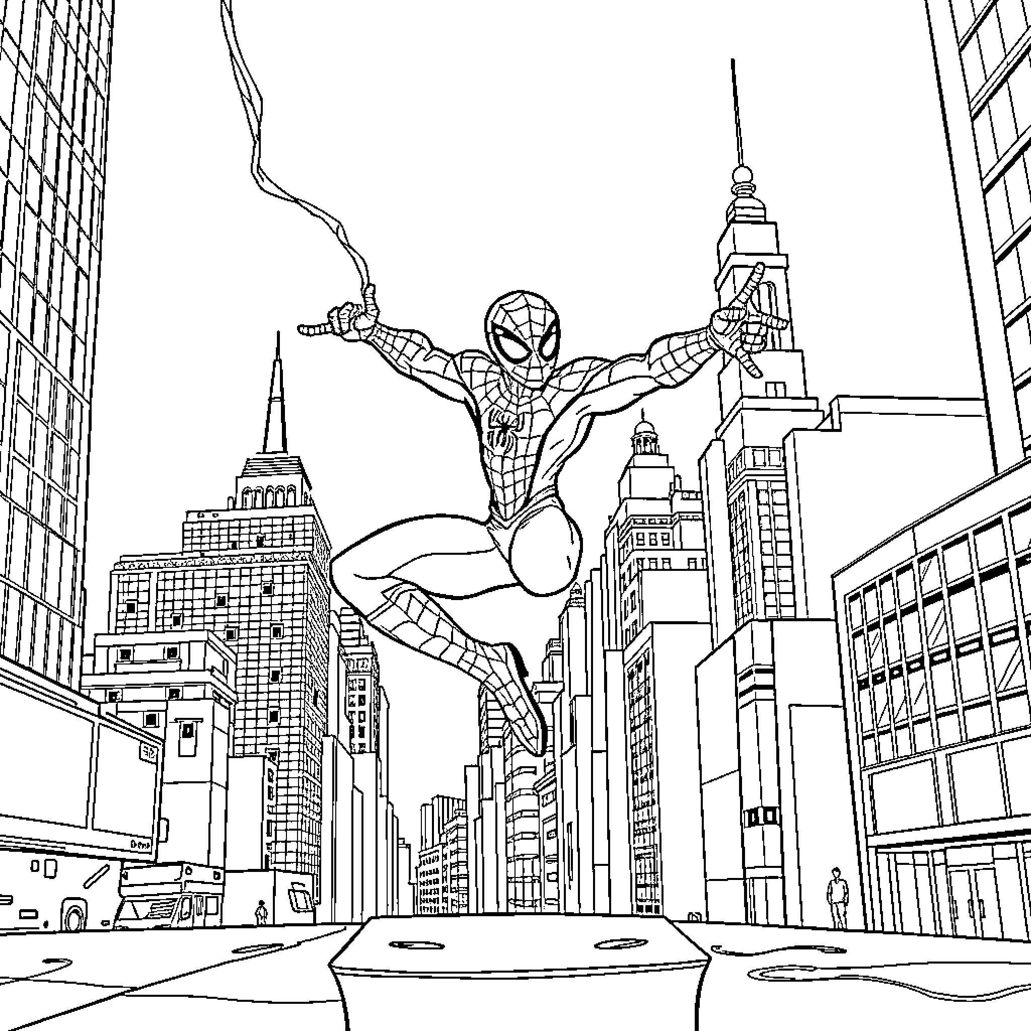 Spiderman swinging through the city skyline Coloring Page (free black-and-white line drawing printable PDF for all, from beginners to advanced learners, including children, teens, adults, and seniors)