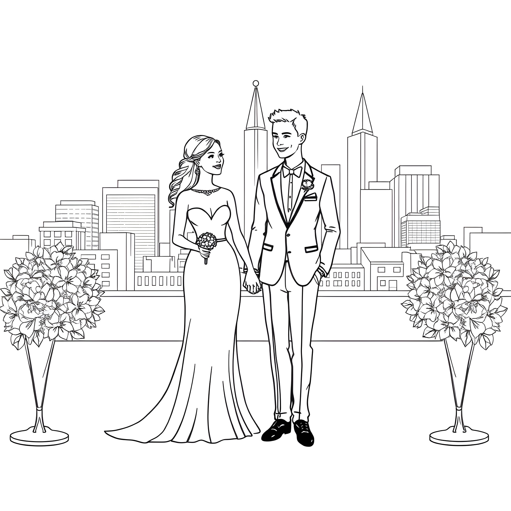 Couple's wedding celebration in the city Coloring Page (free black-and-white line drawing printable PDF for all, from beginners to advanced learners, including children, teens, adults, and seniors)