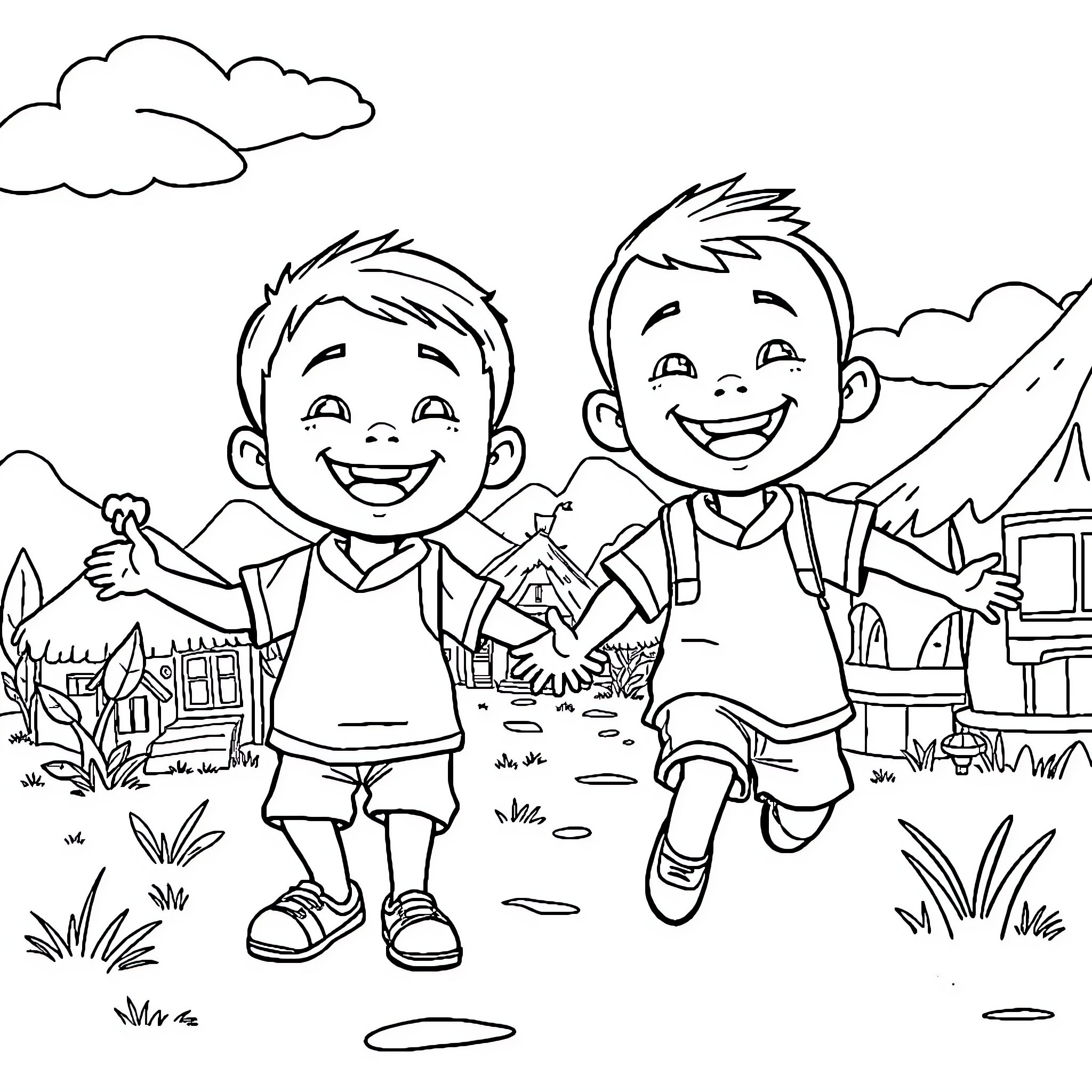 Upin Ipin Happily Playing in the Countryside Coloring Page (free black-and-white line drawing printable PDF for all, from beginners to advanced learners, including children, teens, adults, and seniors)