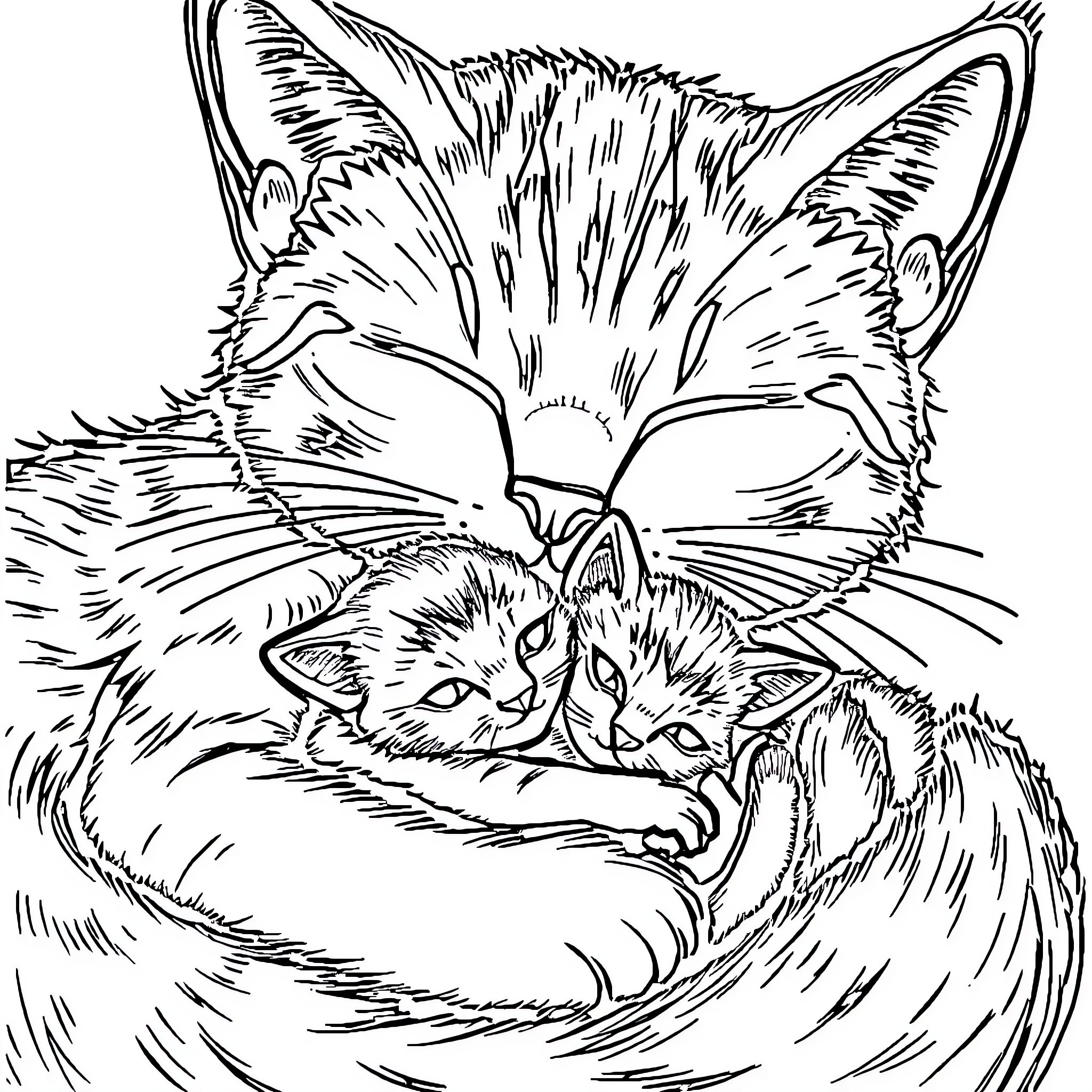 Cat and kittens cuddling peacefully Coloring Page (free black-and-white line drawing printable PDF for all, from beginners to advanced learners, including children, teens, adults, and seniors)