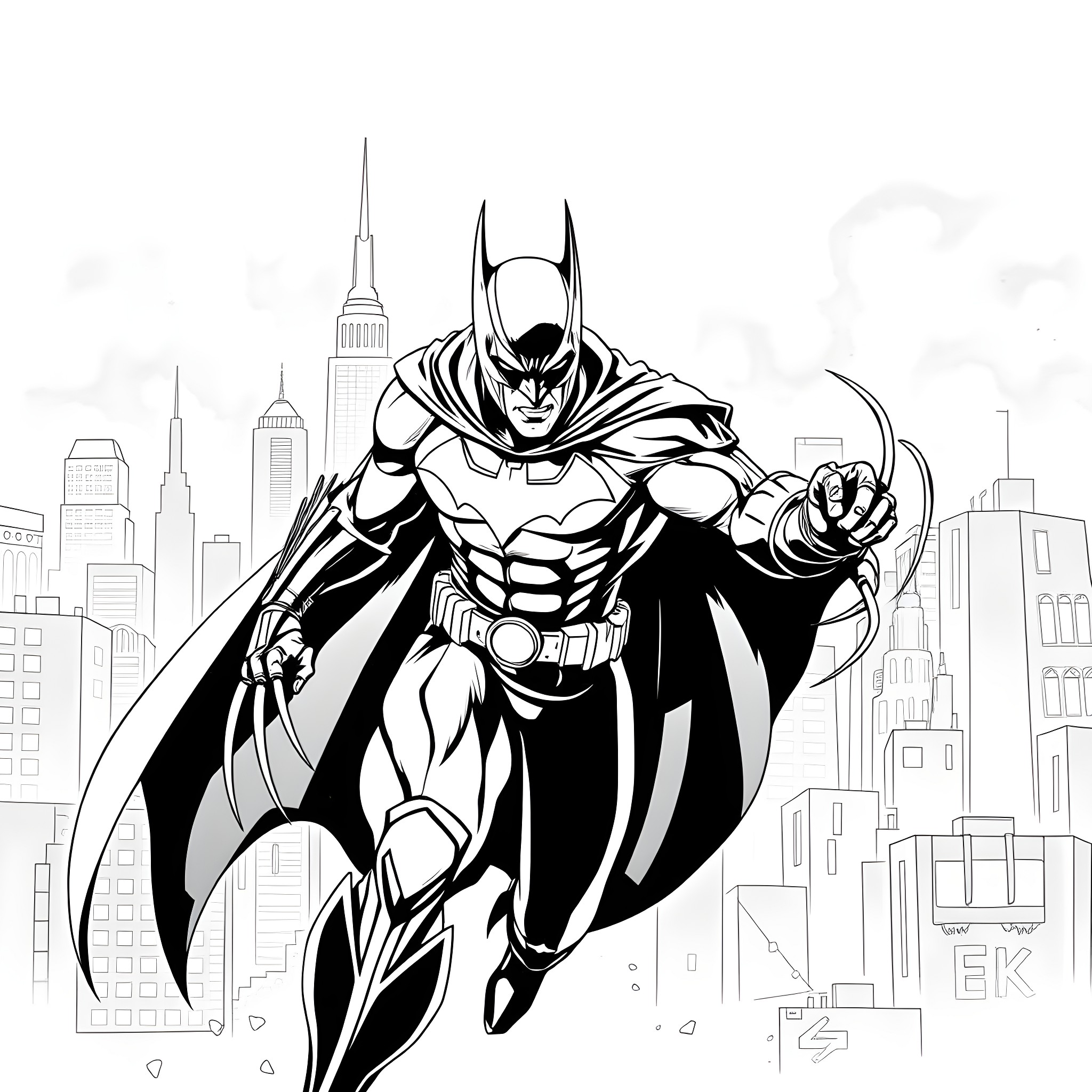 Dark Claw heroic action in the city Coloring Page (free black-and-white line drawing printable PDF for all, from beginners to advanced learners, including children, teens, adults, and seniors)